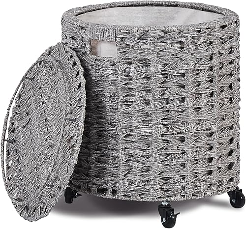 Wimarsbon Cesta de almacenamiento vintage, cesta multiusos con ruedas y tapa frenables, contenedor de lavandería trenzado, organizador de juguetes
