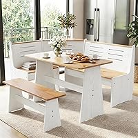 Gracava L-Shaped Solid Pine Wood Breakfast Nook Set with White Benches - Space-Saving Corner Dining Table Seats 4-6 for Apartments