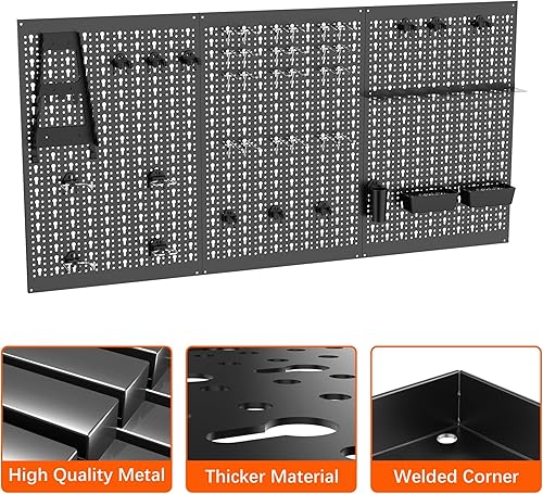Miniatura 5 de TORACK 3 piezas de paneles de tablero de clavijas de metal para almacenamiento de herramientas de garaje, tablero de clavijas para banco de trabajo,