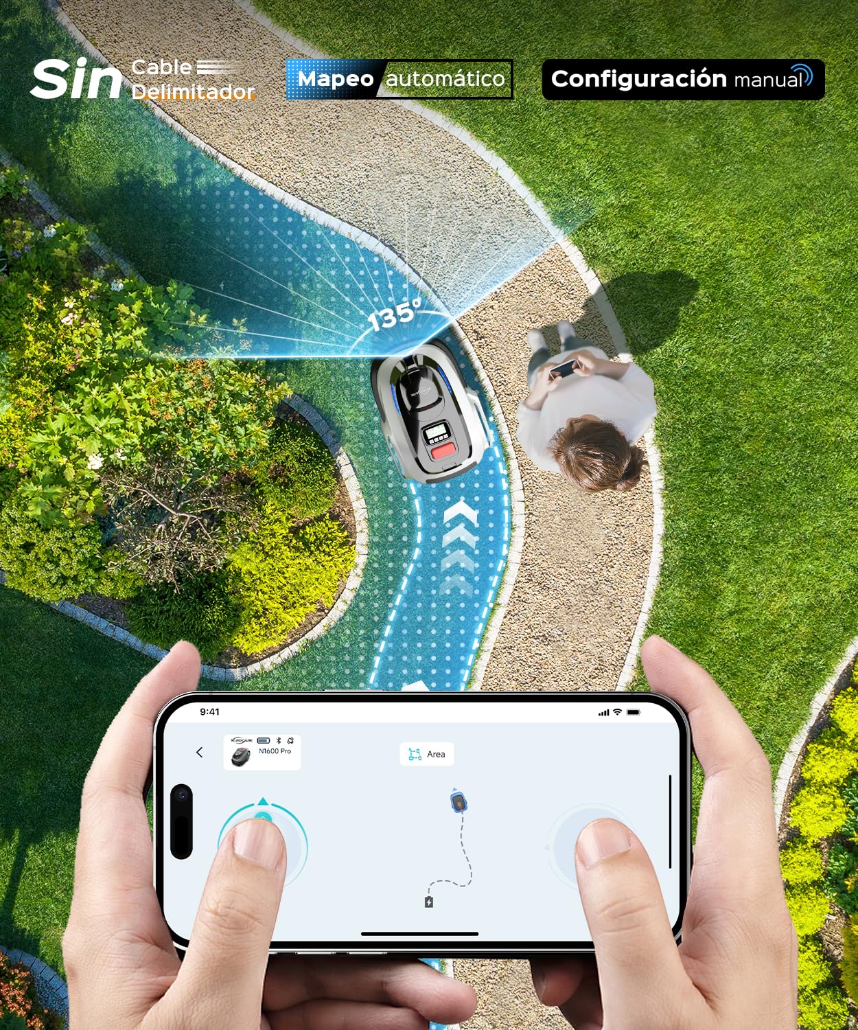 (2026 Upgrade) YARDCARE N1600 Pro Robot cortacésped sin Cable perimetral, Recomendado para 1600 m² – con Corte en U, RTK & visión IA, Control Mediante App, gestión multizona y Pendientes hasta 45%
