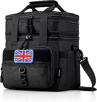 JOYHILL Tactical Lunch Box for Men, Double Deck Expandable Insulated Lunch Bag, Large Durable Thermal and Cooler Bag for Adult, Modern Leakproof Bag for Adult Work, Camping, Picnic, Black