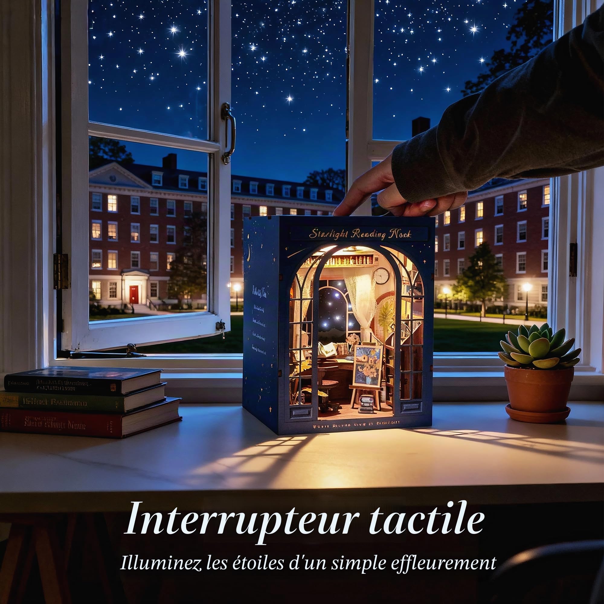 DolphinIsle - Kits de coin de lecture pour adultes, décor de bibliothèque DIY Booknook 3D en bois avec puzzle étoiles et coin lecture scintillant avec ciel étoilé