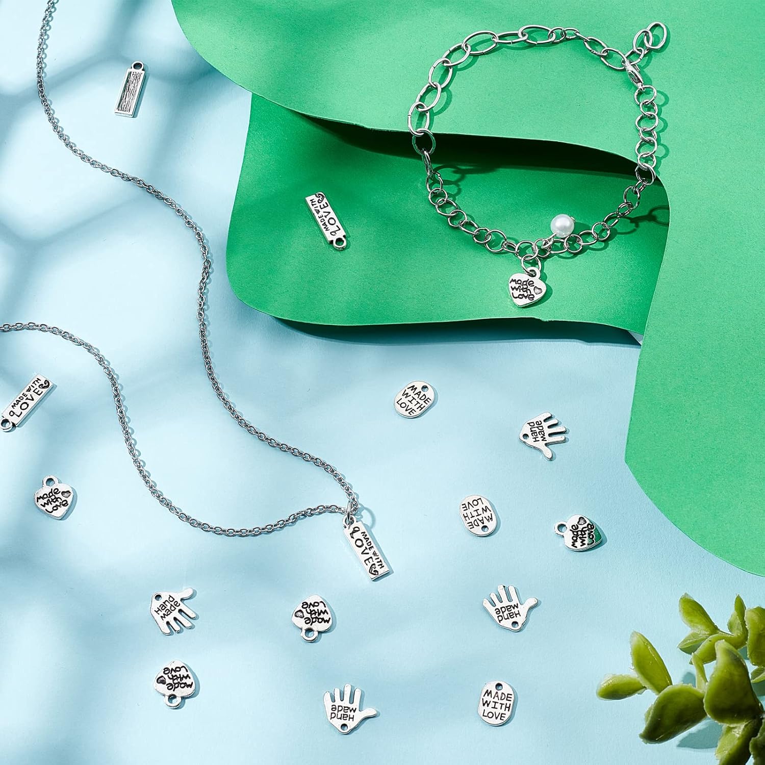 FINGERINSPIRE 200Pcs 4 Shapes Alloy Word Message Charms Pendants Handmade Made with Love Charms Oval/Heart/Rectangle/Hand Shapes Jewelry Making Accessories for DIY Necklaces, Bracelets, Key Chains - Image 6