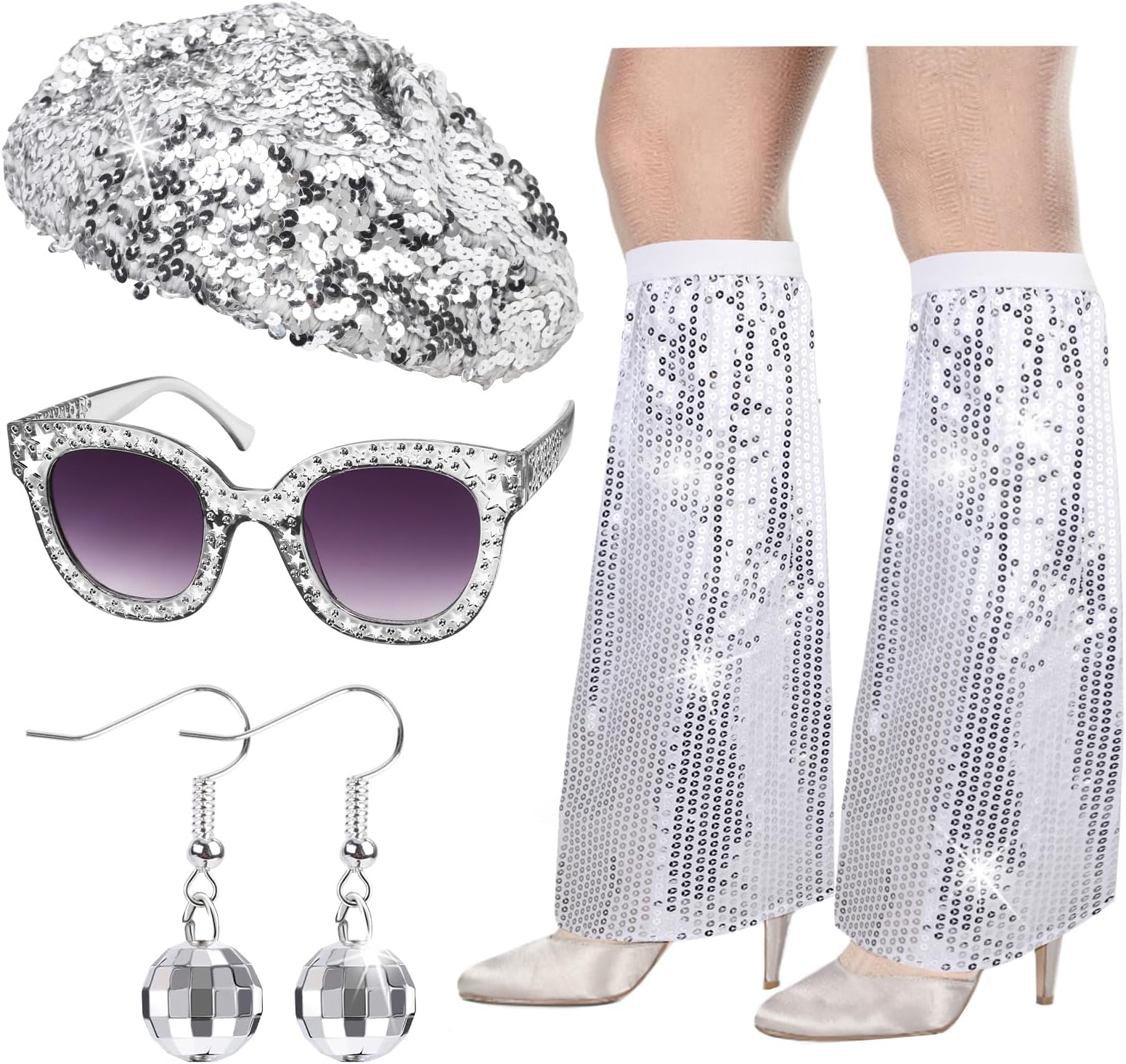 HOWAF4 Disco Accessories 70s Costume Glitter Beret Hat Disco Hat Sequins Leg Warmers Disco Glasses Sunglasses Disco Ball Earrings 70s 80s Outfit Women for Carnival Costume