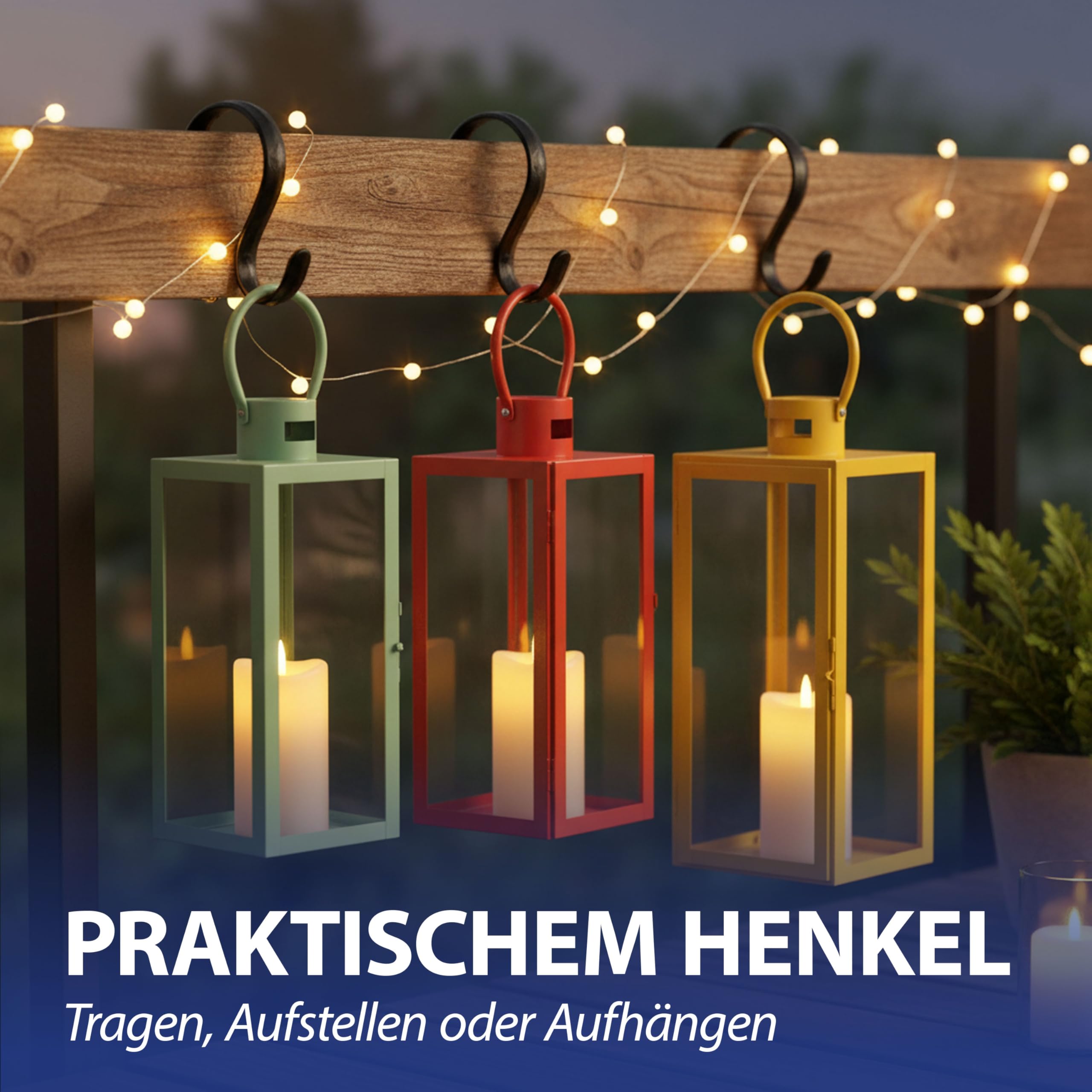 Laterne 3er Set | grün orange gelb 3 Größen Metall Glas | Windlicht mit Henkel für Kerzen oder LED Gartenlaterne | Kerzenhalter