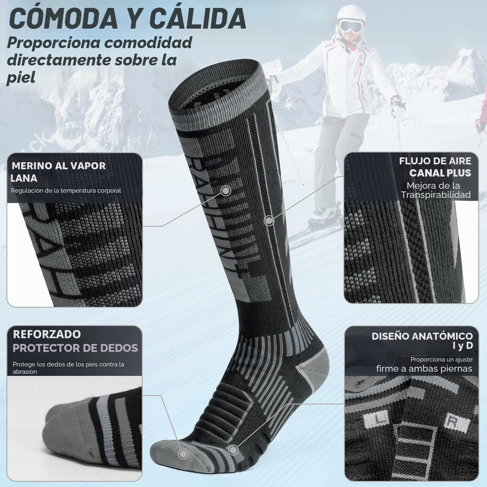 2 Pares Calcetines Esqui Lana Merino Para Hombre, Mujeres Y Jóvenes, Calcetines Altos De Compresión Para Snowboard Calcetines Termicos Frio Extremo Gruesos Hasta La Rodilla Para Clima Frío Talla 35-51