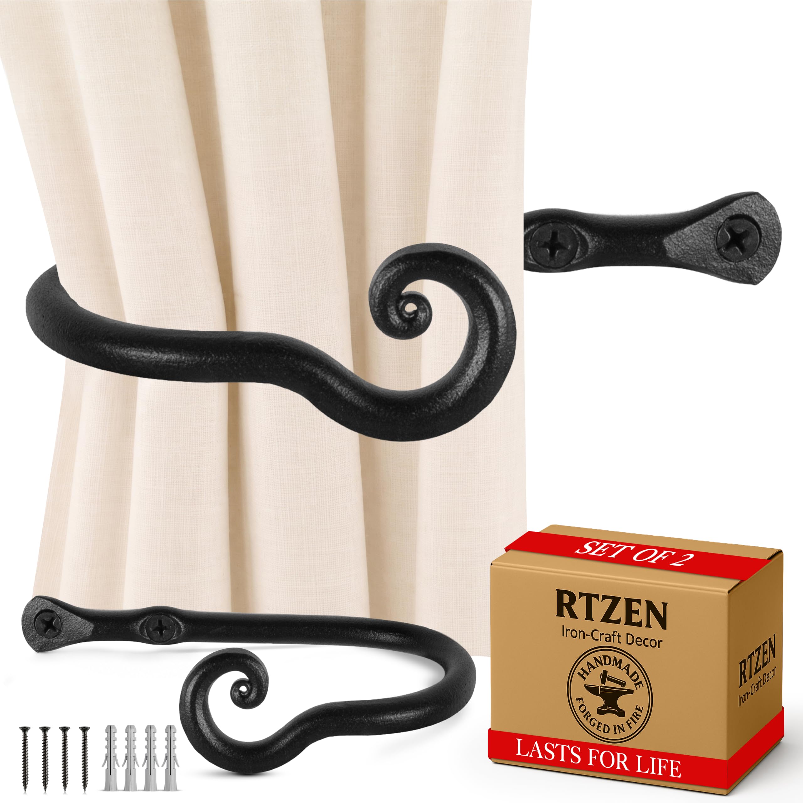 RTZEN Small Wall Curtain Holders - Farmhouse Curtain Hooks - Black Wrought Iron Tiebacks - 2 Pcs