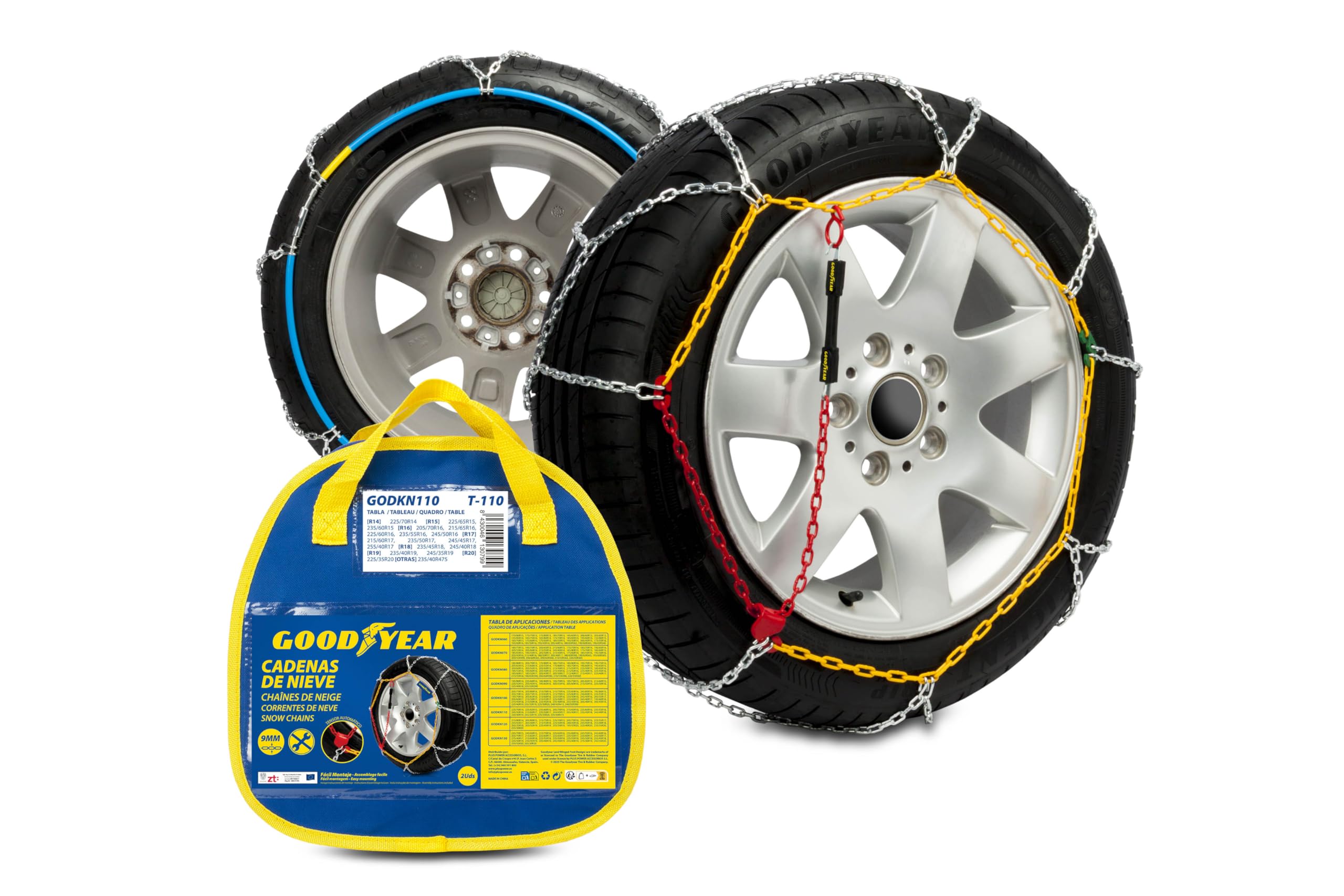 Jeu de 2 Chaînes à Neige en Métal de 9 mm pour Voiture Taille 110 avec Tendeur Automatique Goodyear