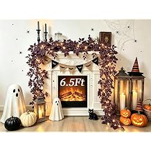 Purple Fall Garland with Lights, Plum Cimicifuga Seeded Leaf Halloween Mantle Decor, Faux Autumn Vine for Fireplace Door 2 Pack