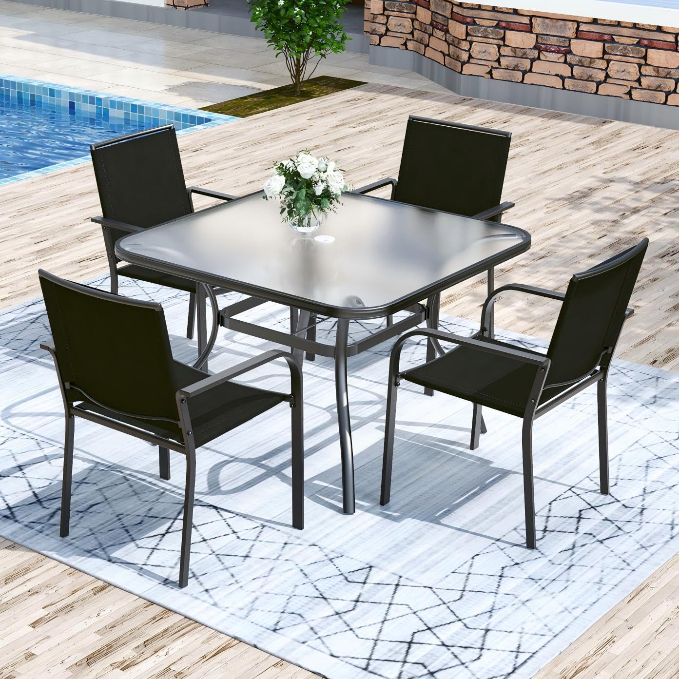 Anmutig 5-Piece Patio Dining Set, 37" Glass Outdoor Table, 4 Chairs Black