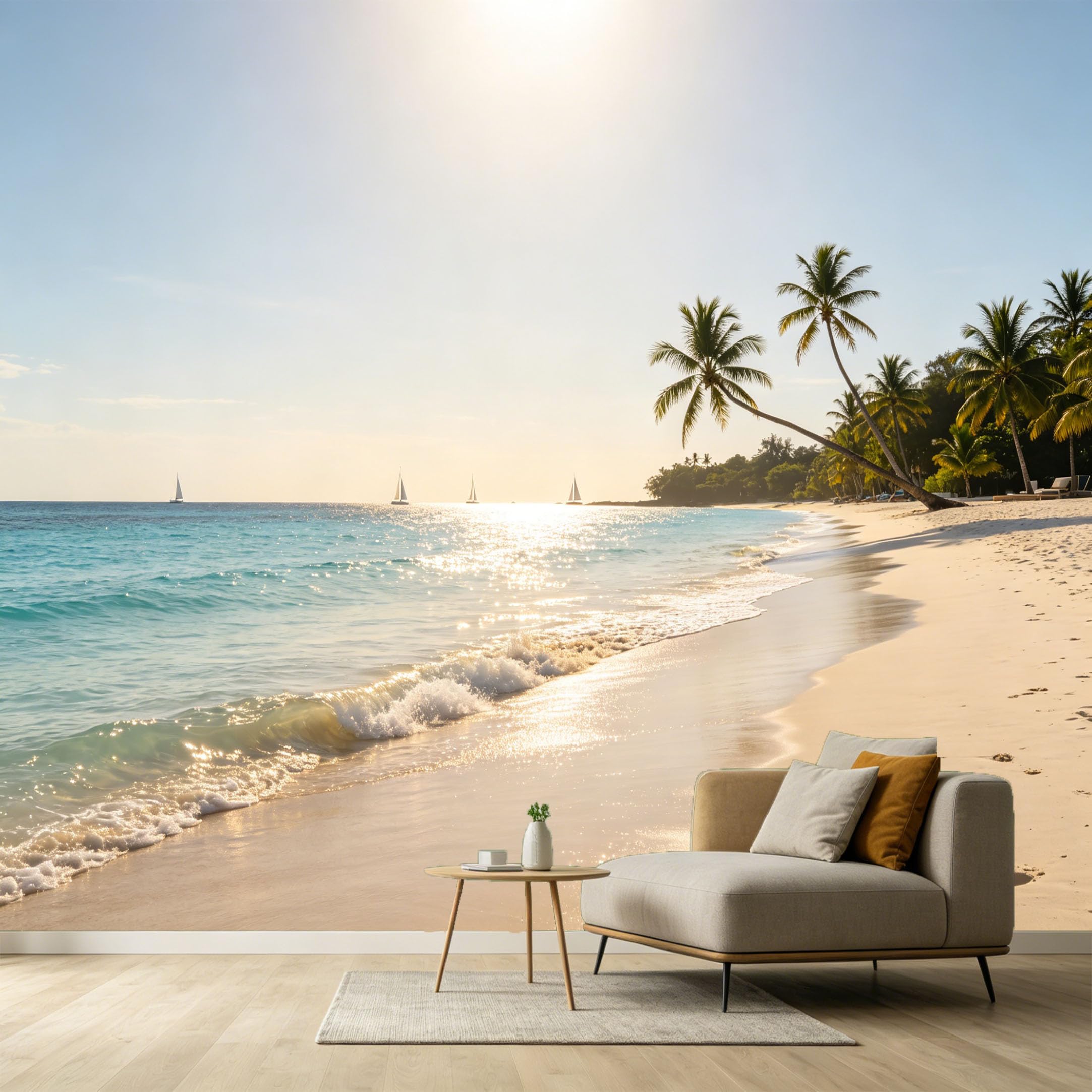 Custom Size Wall Murals Coastal Landscape Tropical Beach Palm Trees Ocean Sailboats SelfAdhesive Wall Fabric Removable Large Wallpaper for Photo Living Room
