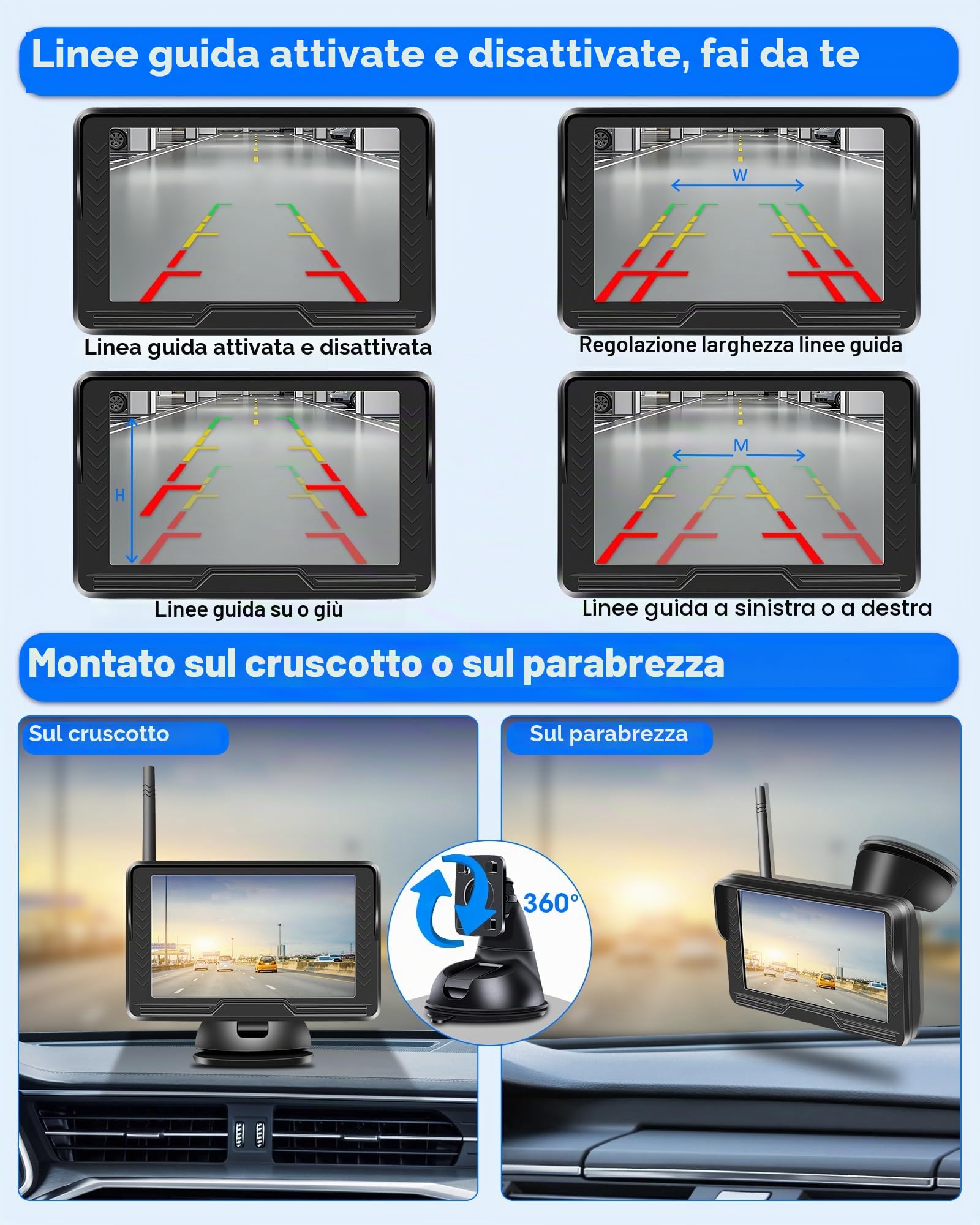 AHD 1080P Retrocamera Auto Wireless Immagine Stabile con 5 '' Monitor | Telecamera Retromarcia Wireless 6 LED Telecamera Posteriore Senza Fili Visione Notturna 170°Grandangolo per DC 12V Camion SUV