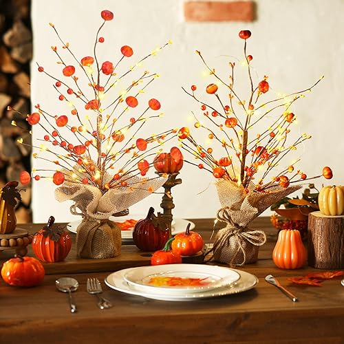 Miniatura 7 de 2 piezas de árbol de otoño de Acción de Gracias de 18 pulgadas con pequeña cadena de luz, funciona con pilas, árbol de calabaza iluminado para
