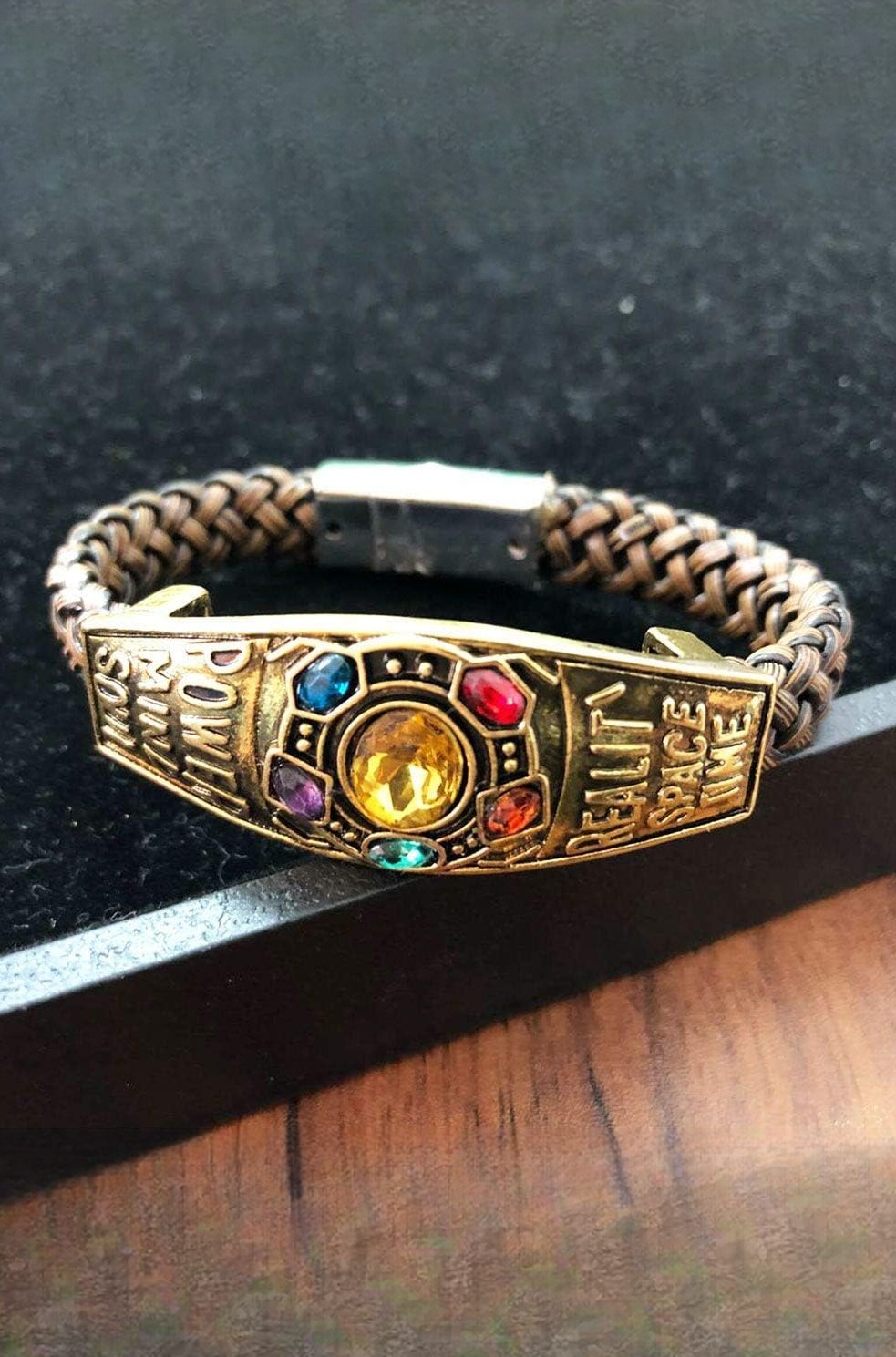 Yellow Chimes Bracelets for Men and Boys Black Leather Bracelet for Men Avengers Infinity War Thanos 6 Gauntlet Power Stones Leather Bracelet for Boys and Men