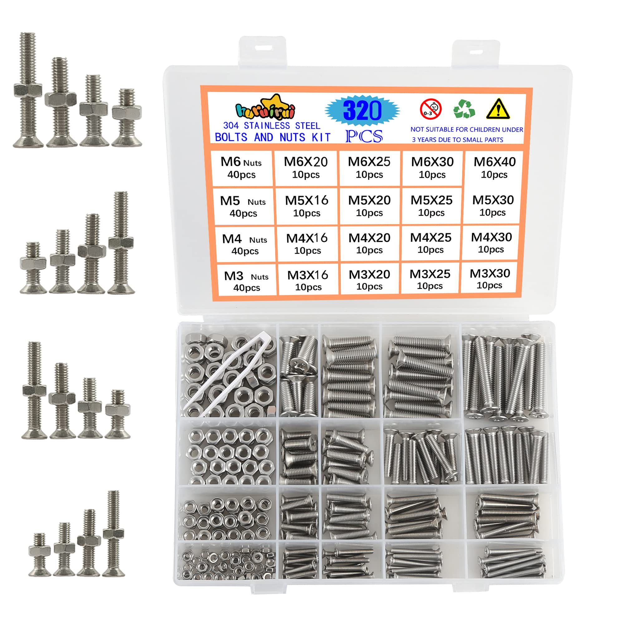 huruirui Nut and Bolts Set M3 M4 M5 M6 304 Stainless Steel Flat Head Cross Screw Bolt Nuts Kit Hexagon Machine Screw With Storage Box 320PCS