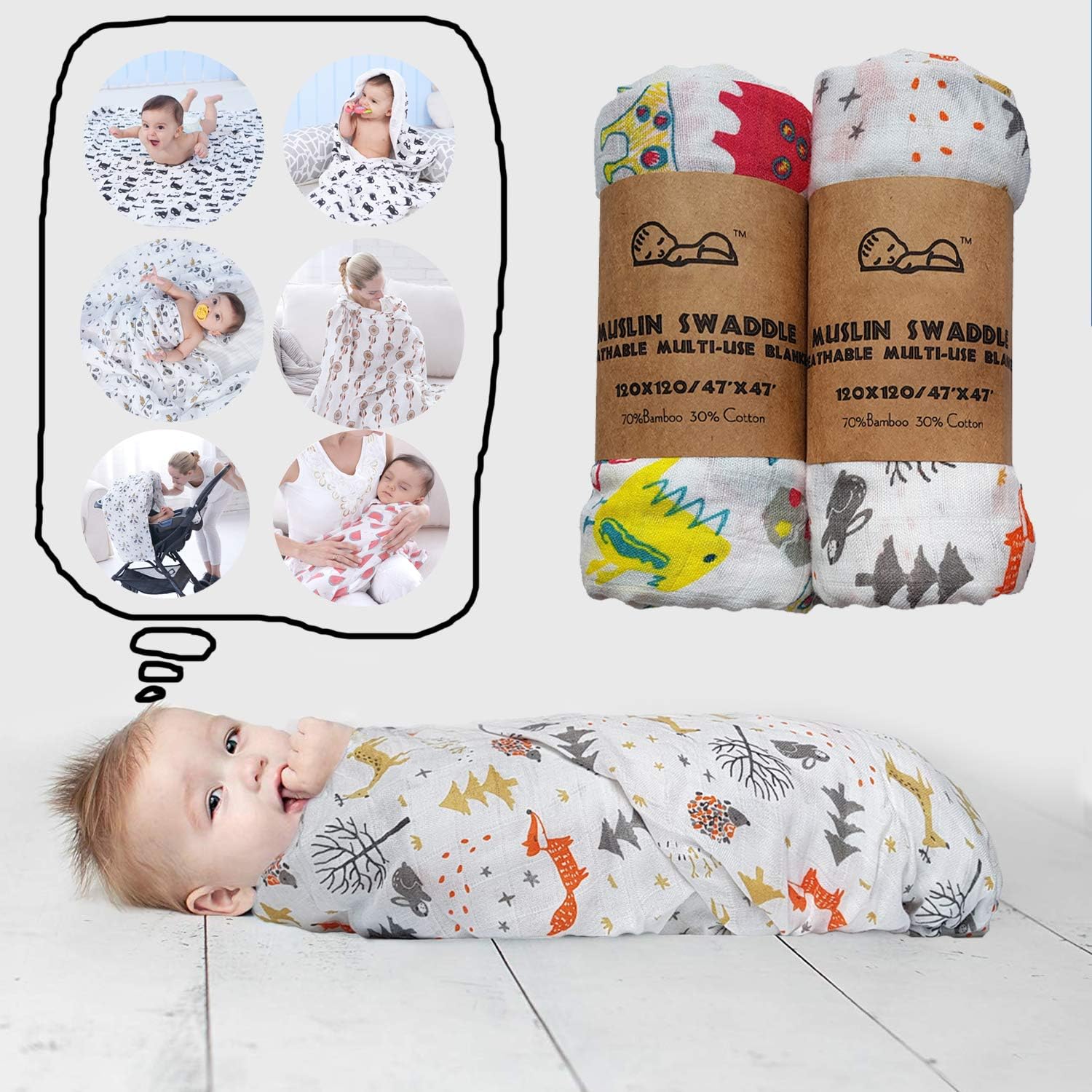 Bamboo Muslin Baby Swaddle Blankets - for Newborn Infant Toddler - Gentle Soft and Safe for Baby's Skin Swaddle Blankets - 70% Bamboo 30% Cotton - 47 x 47 inch (Sample 3)
