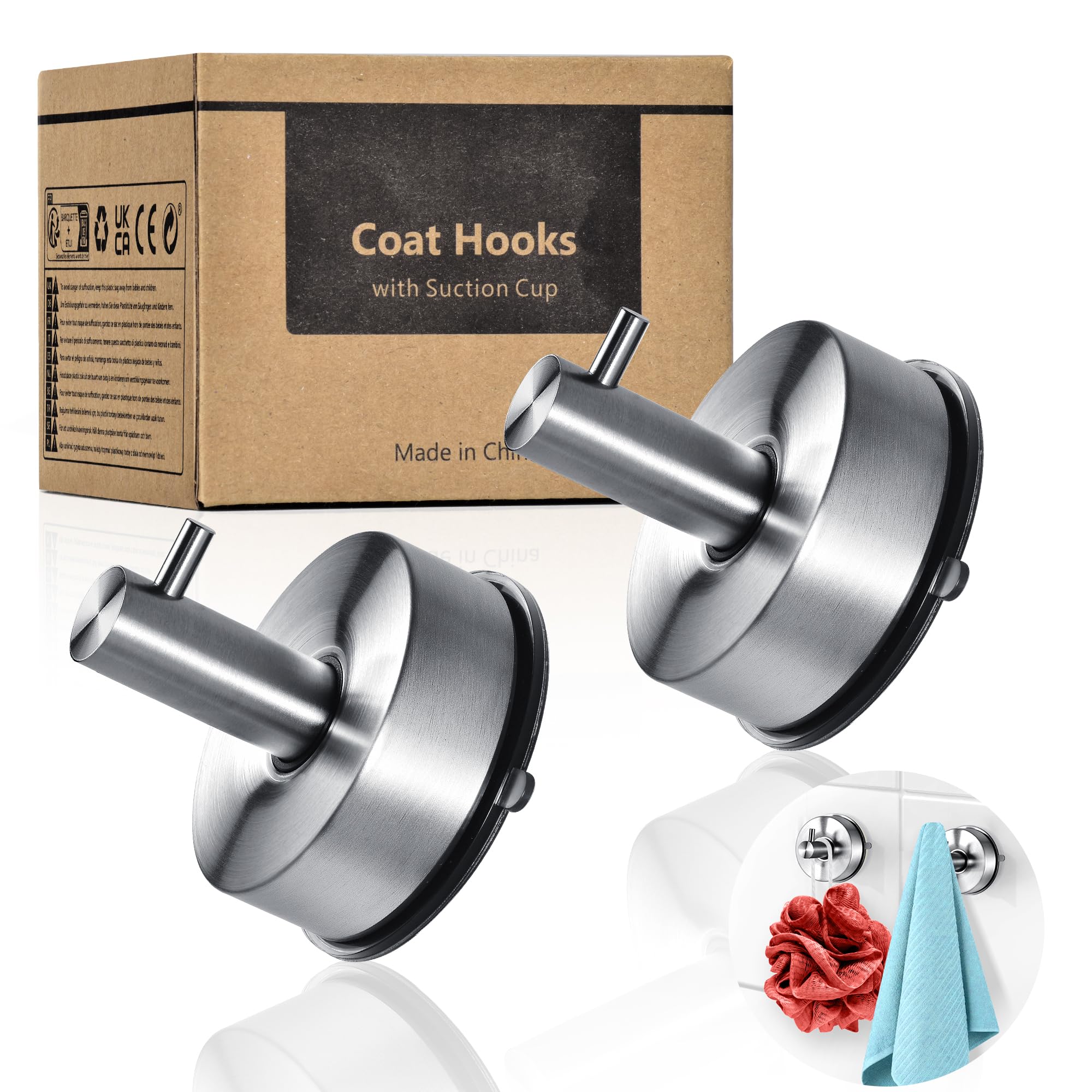 YOHOM Suction Cup Hooks, Heavy Duty 5kg Stainless Steel Shower Hooks, Bathroom Towel Hooks & Robe Hooks with Strong Suction for Glass, Window, Door - Waterproof Coat Hangers，2 pcs, Brushed Silver