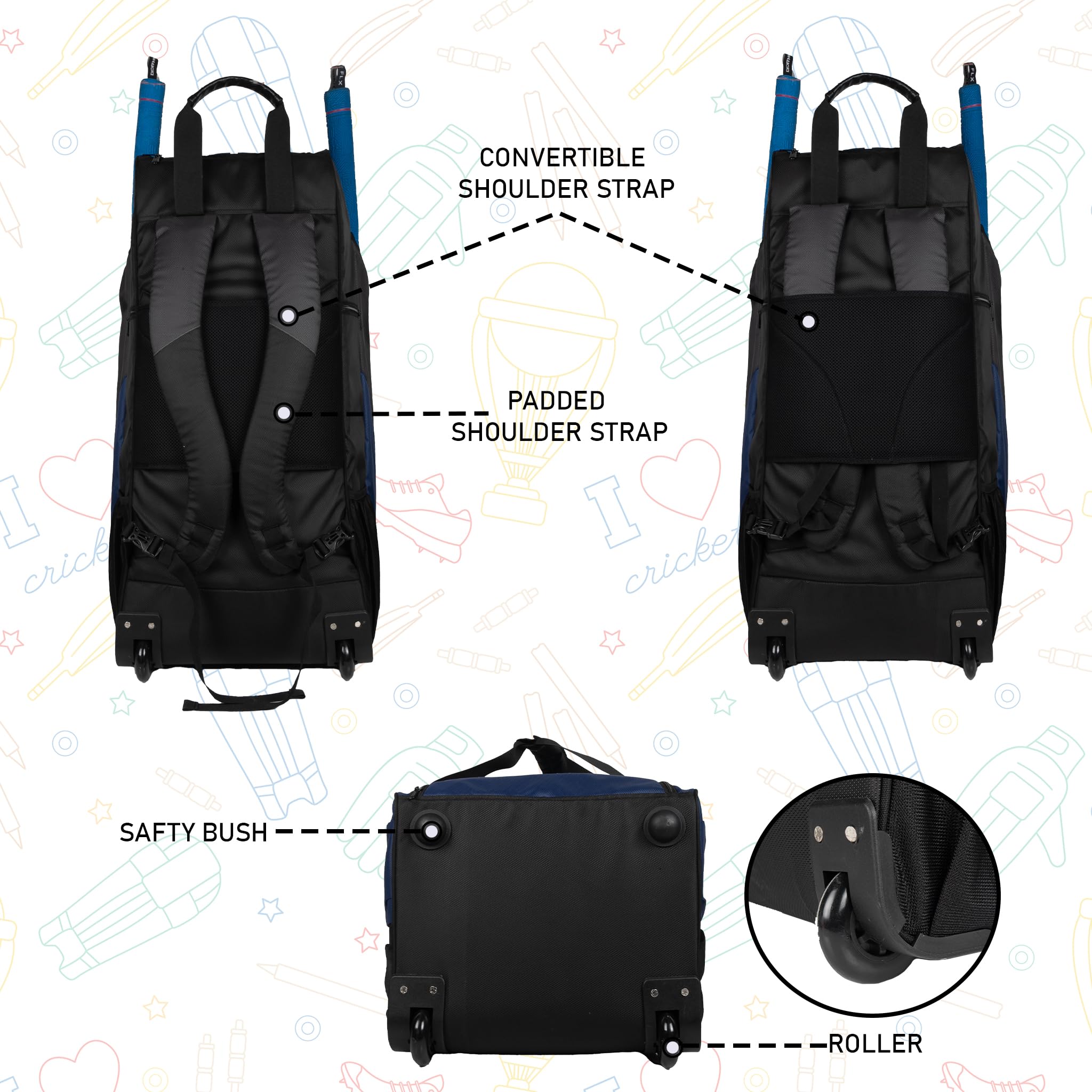 WHACKK Gayle Adult Cricket Kit Bag Black Navy | Full Size Bag with Bat Sleeve, Shoe & Helmet Pocket | Spacious Cricket Bag for Men & Club Players 4
