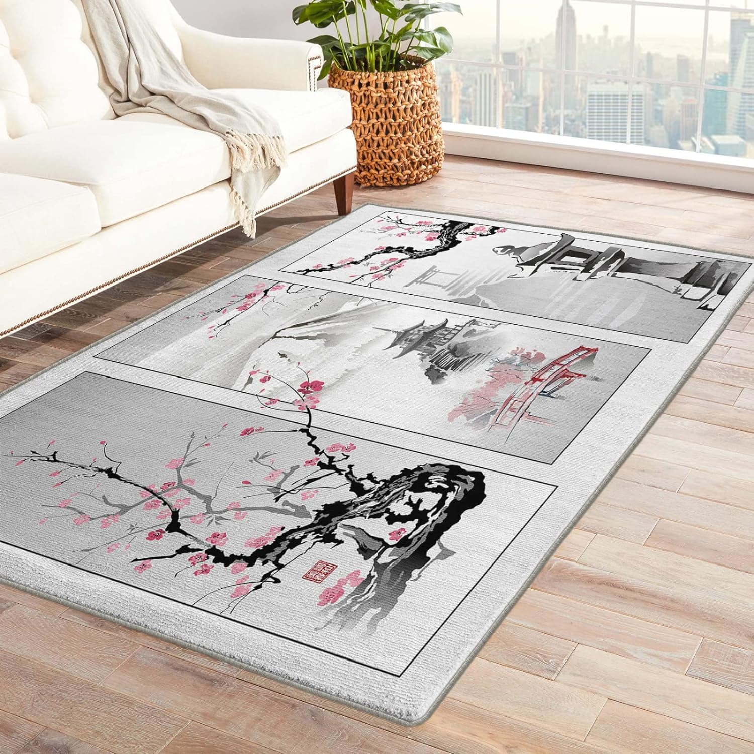 Tapis de Salon Fleurs de Cerisier Japonais 120x170 cm Poil Court Moderne Style Asiatique Gris 3D Doux Lavable Antidérapant pour Entrée, Cuisine, Chambre, Couloir Y4281