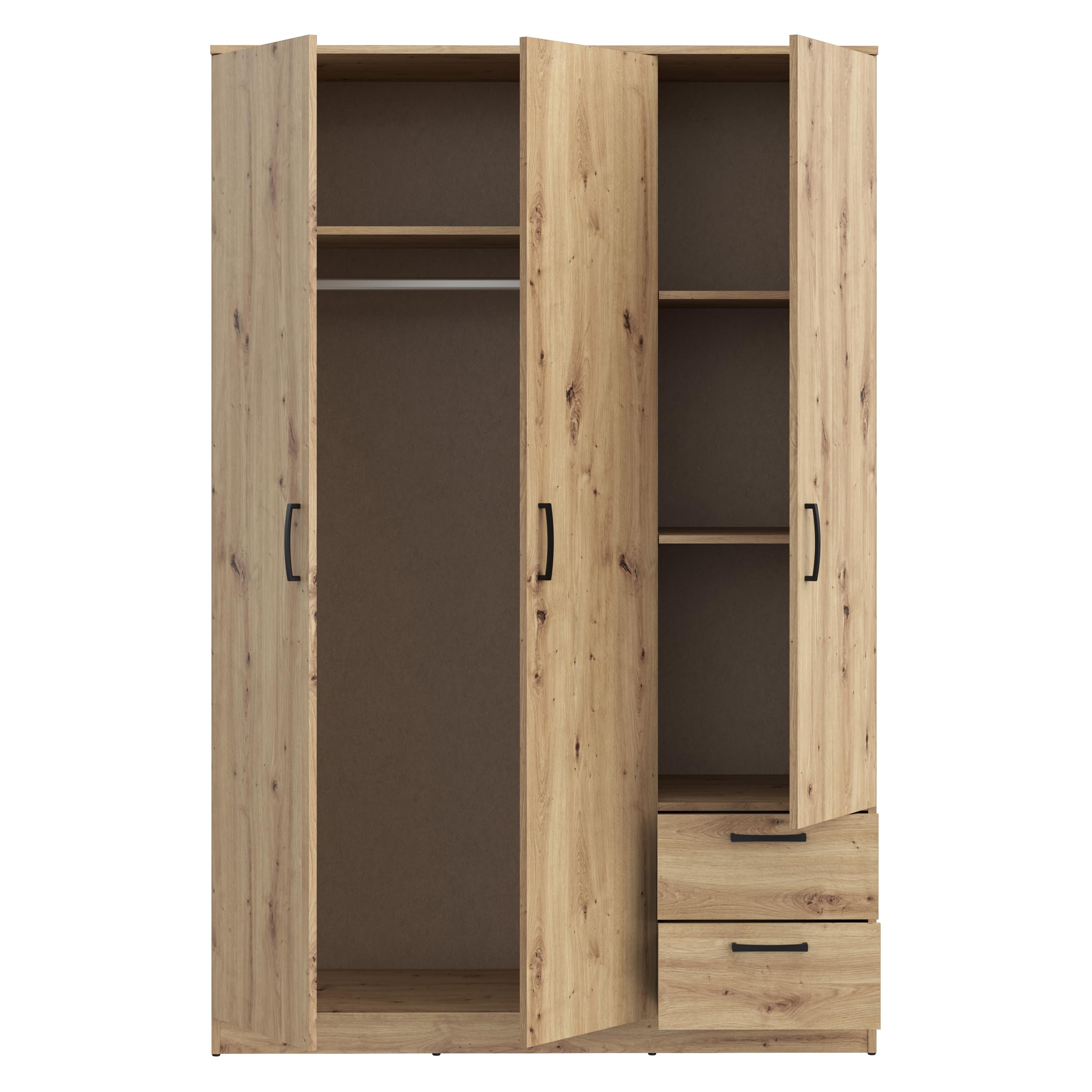 FORTE NIKO Kleiderschrank 122, Schrank im Scandi-Stil mit 3 Türen und 2 Schubladen, Holzwerkstoff, Artisan Eiche Dekor, 122 cm breit, 185 cm hoch, 52,7 cm tief