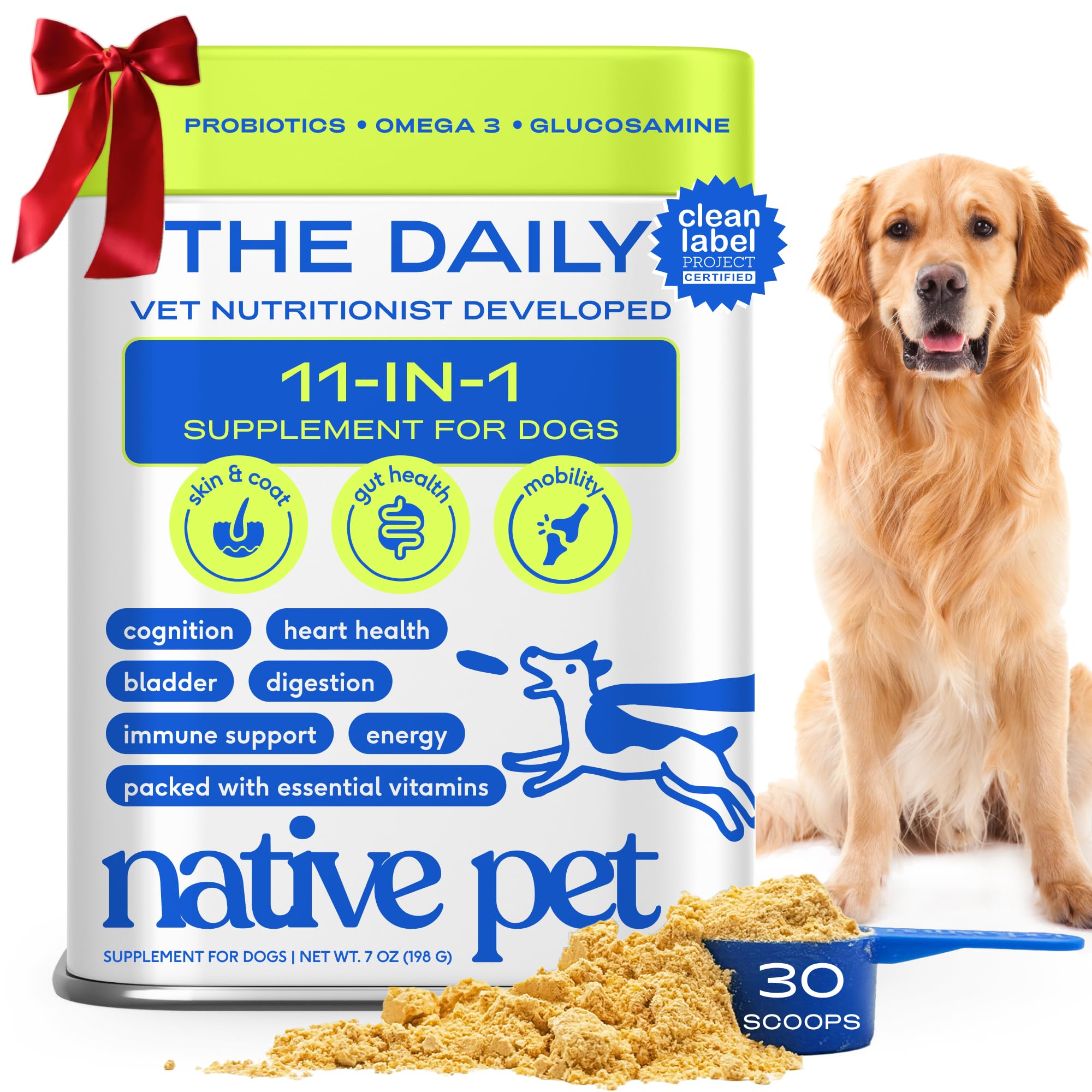Native Pet Dog Vitamins & Supplements - 11-in-1 Vitamin Powder for Dog Food Topper - Collagen, Glucosamine, Probiotics, Omega & More- Supports Healthy Gut, Mobility & Overall Health - 30 Scoops