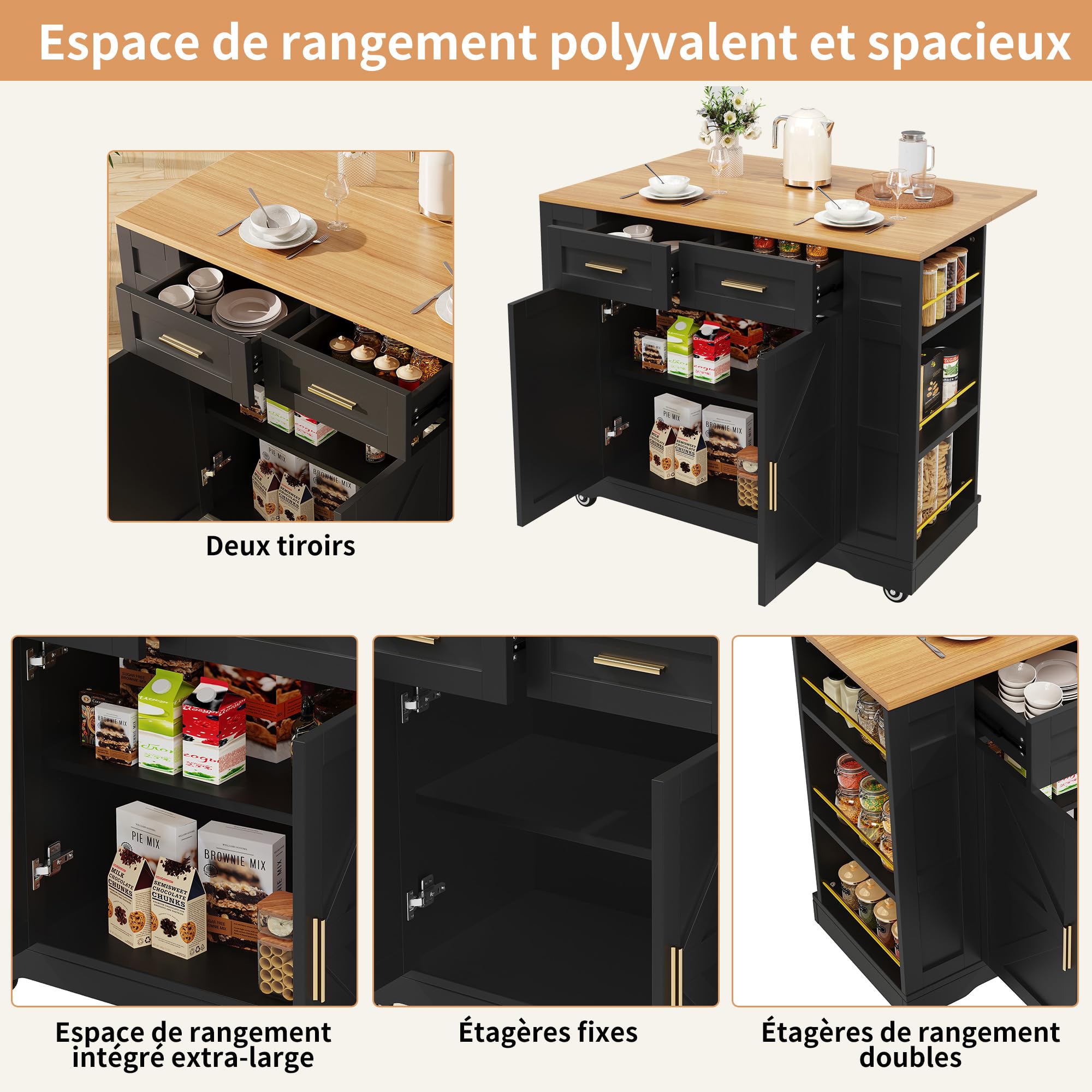 REXO Moderna isola da cucina, armadio da cucina, armadio a buffet, carrello da pranzo con venature del legno, armadio a buffet, tavolo da pranzo multifunzionale con spazio di archiviazione, carrello