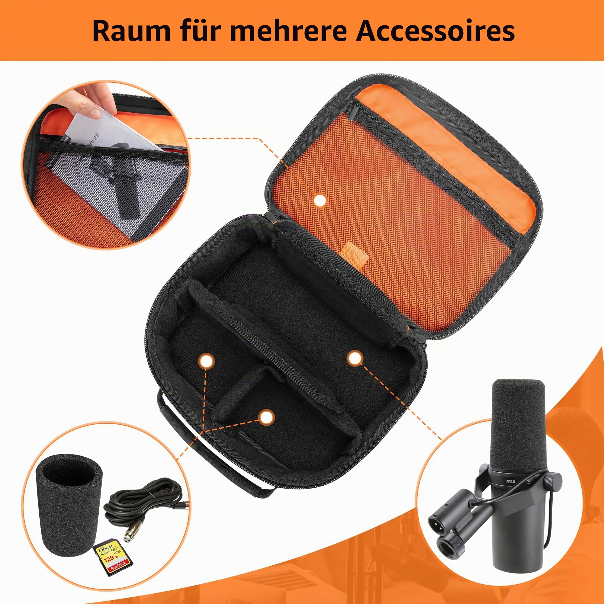 PGmoon Mikrofontasche Kompatibel mit Shure SM7B/MV7/MV7X Dynamisches Gesangsmikrofon, MikrofonAufbewahrungstasche mit Weichem, Gepolstertem Innenfutter, herausnehmbare Fächer