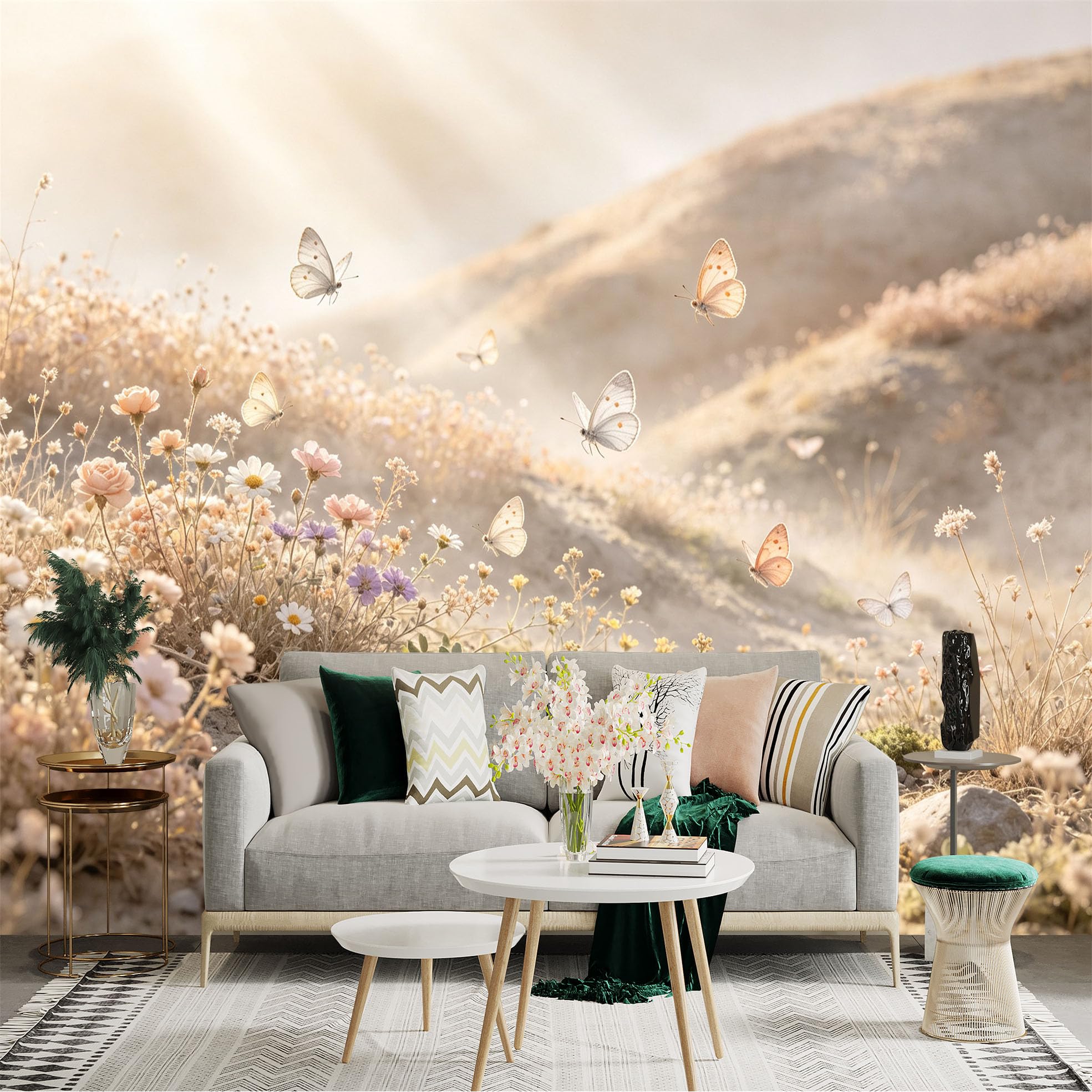 Lnzczhyre Bh260719730 Custom Size Wall Sticker Mural， Flying Butterflies In Sunlit Meadow， Soft Wildflowers， Dreamy Floral Landscape， For Wall Decoration， Peelandstick Wall Decals.