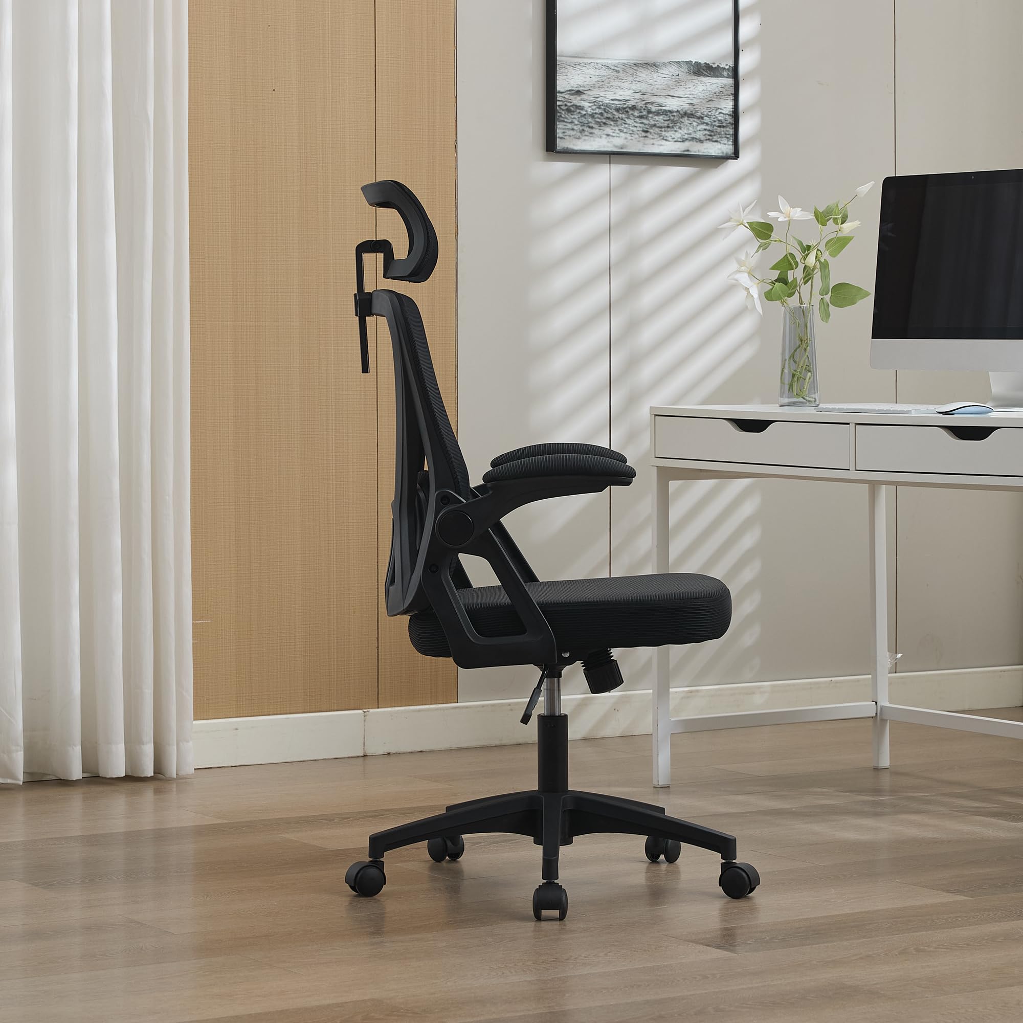 vutizal Ergonomischer Bürostuhl Netz Schwarz mit Verstellbarer Lordosenstütze & Kopfstütze, Schreibtischstuhl Hochlehner mit atmungsaktivem Netzrücken, Drehstuhl für Homeoffice & Büro, Black