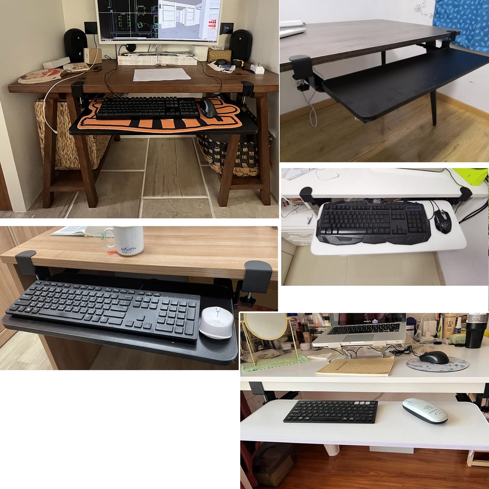 Vassoio per tastiera regolabile con supporto estraibile per mouse, ergonomico, per casa e ufficio, ripiani di supporto salvaspazio per taglierine, nero, 750 x 240 mm