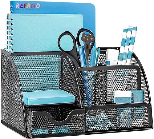 Refand - Organizador de escritorio de malla suministros de oficina de escritorio multifuncional soporte para bolígrafos con 6 compartimentos y 1
