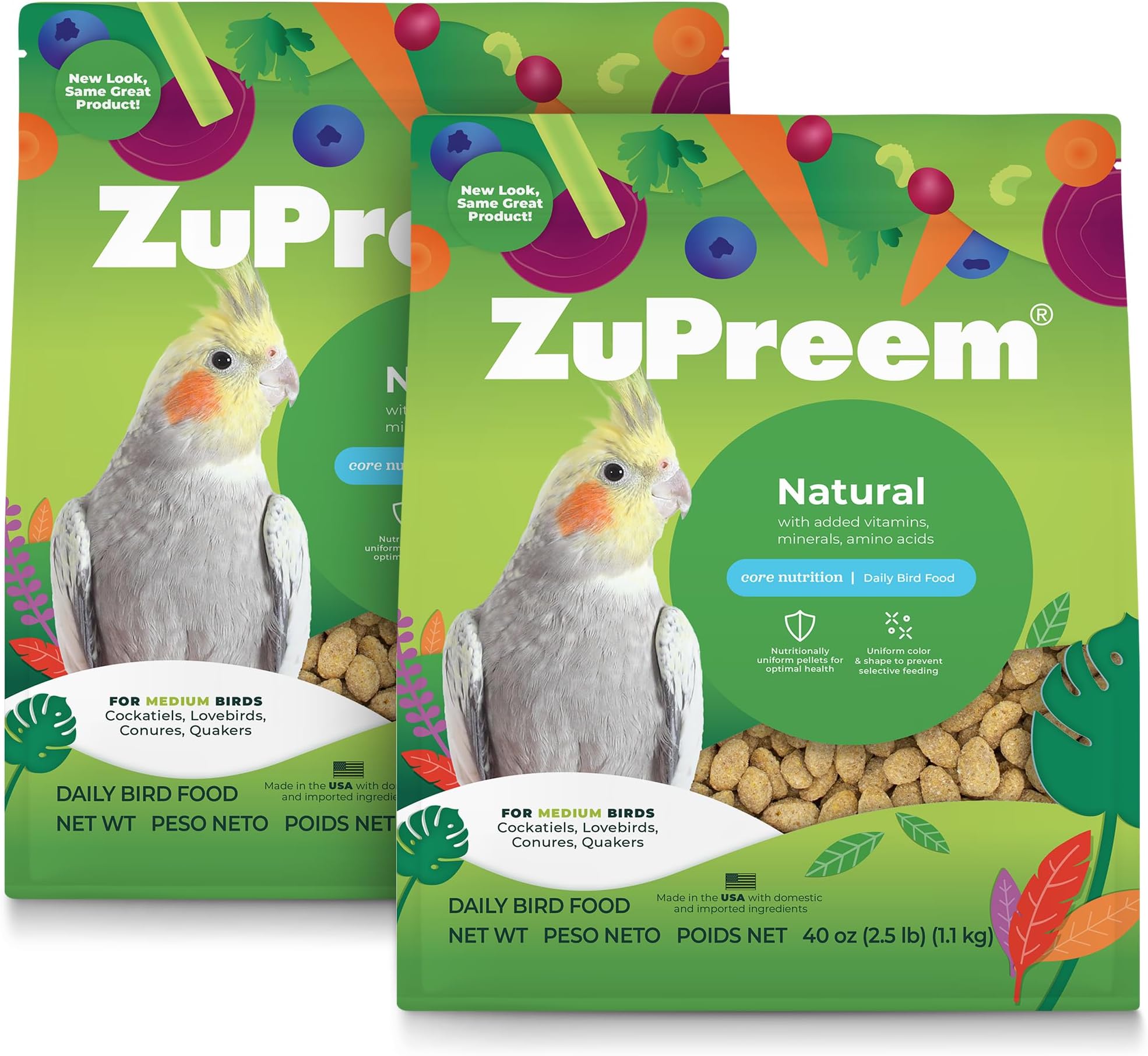 Natural Cockatiel Pellets - Natural Bird Food for Cockatiels, Medium Bird Pellet Diet for Quakers, Lovebirds, Small Conures, 2.5 lb (Pack of 2)