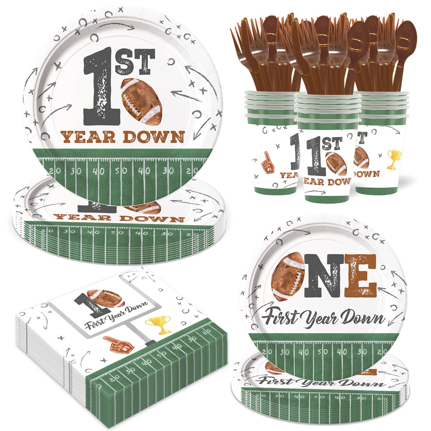 LANGASQUE Football First Year Down Birthday Decorations, 168pcs Paper Plates Napkins Set Football Theme Dinnerware Including Plates, Napkins, Cups,
