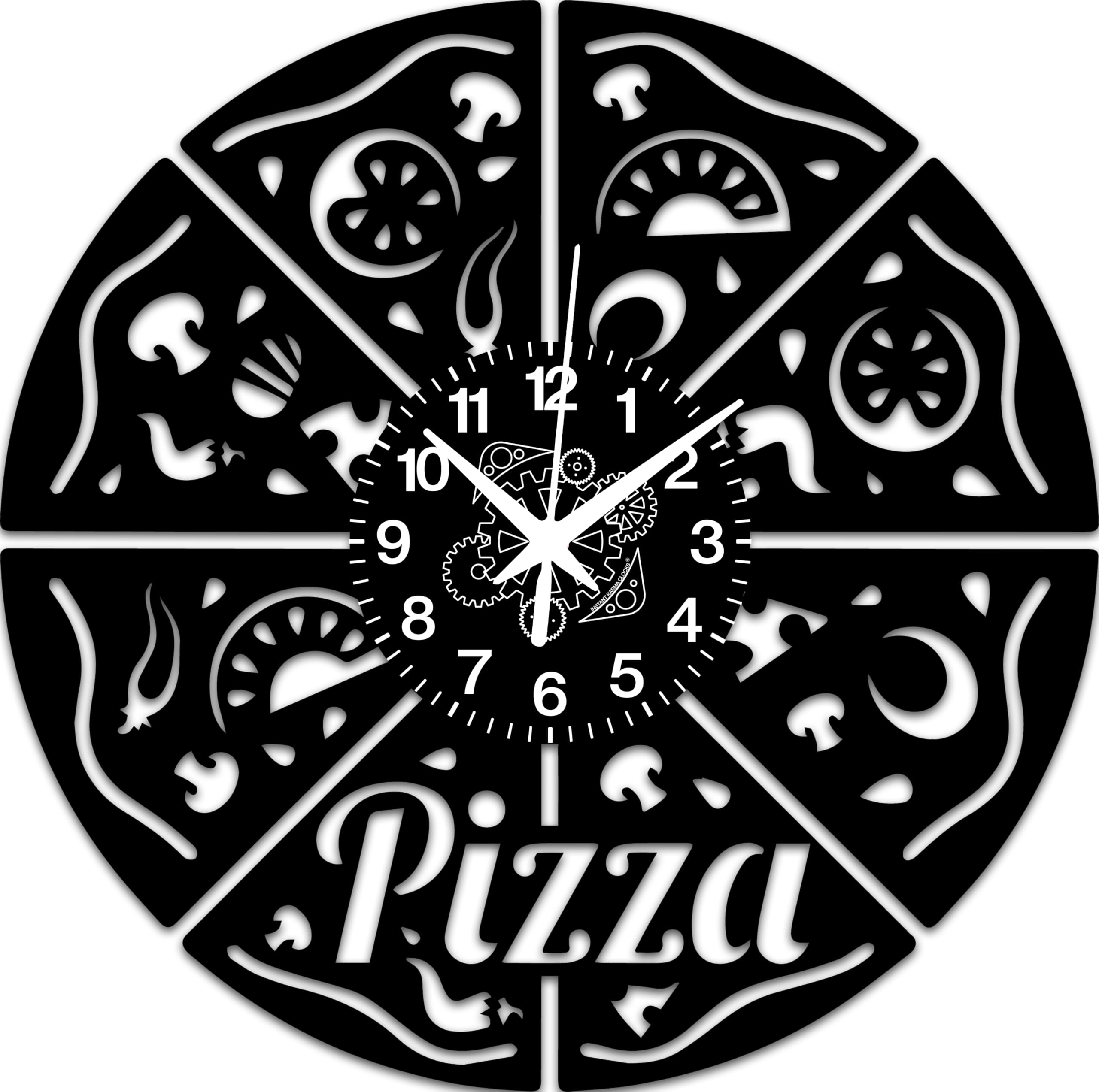 Instant Karma Clocks | Pizzeria Theme Wall Clock | Artistic Design for Furnishing Kitchen, Restaurant, Clubs or Gift to Pizza Lovers (Black)