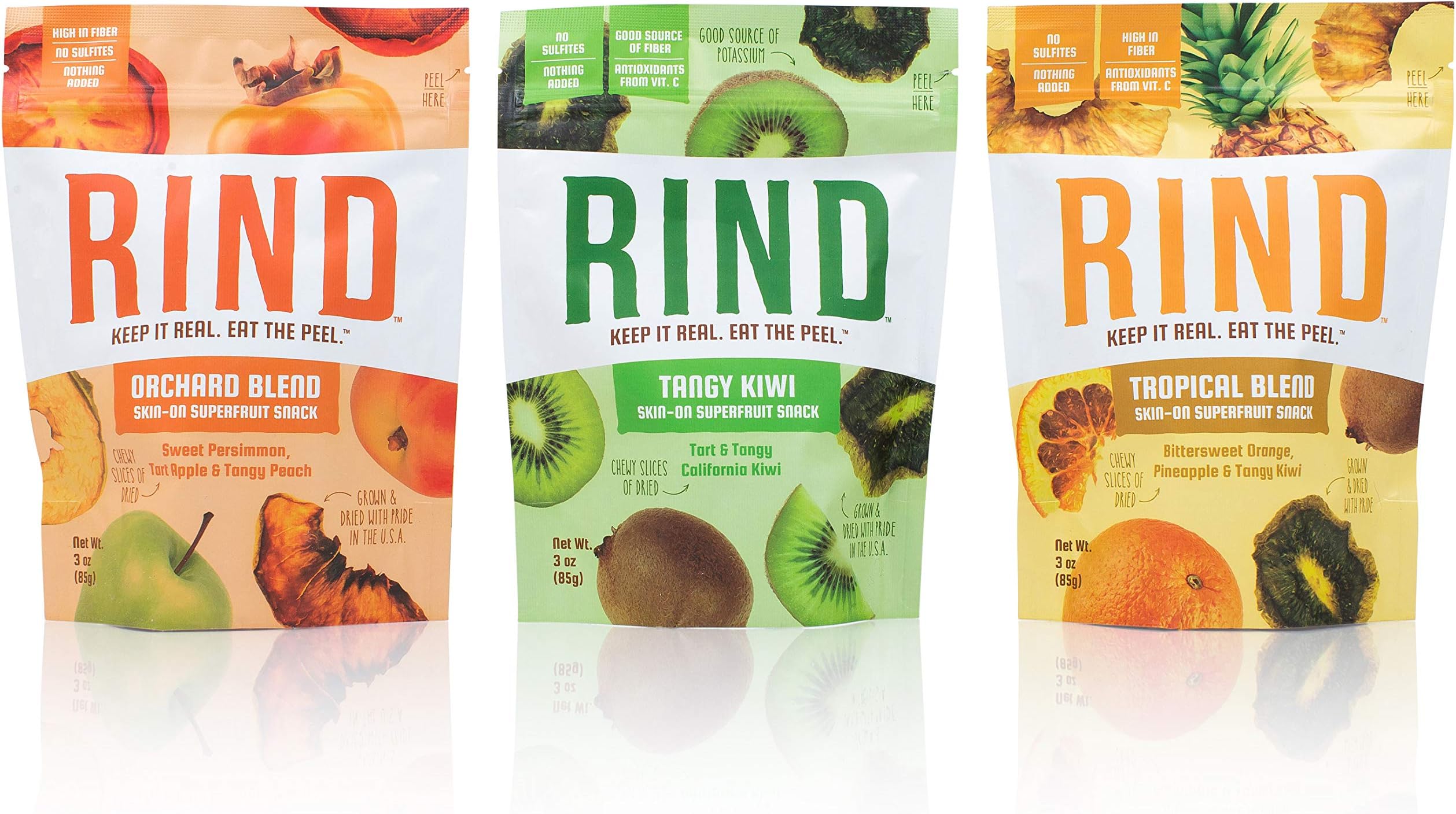 RIND Snacks Sun-Dried Skin-On Superfruit Snack Variety Pack, Tropical Blend, Orchard Blend, and Tangy Kiwi, High Fiber, No Sulfites, Antioxidants from Vitamin C, Gluten-Free, 3oz Pouch, Pack of 3