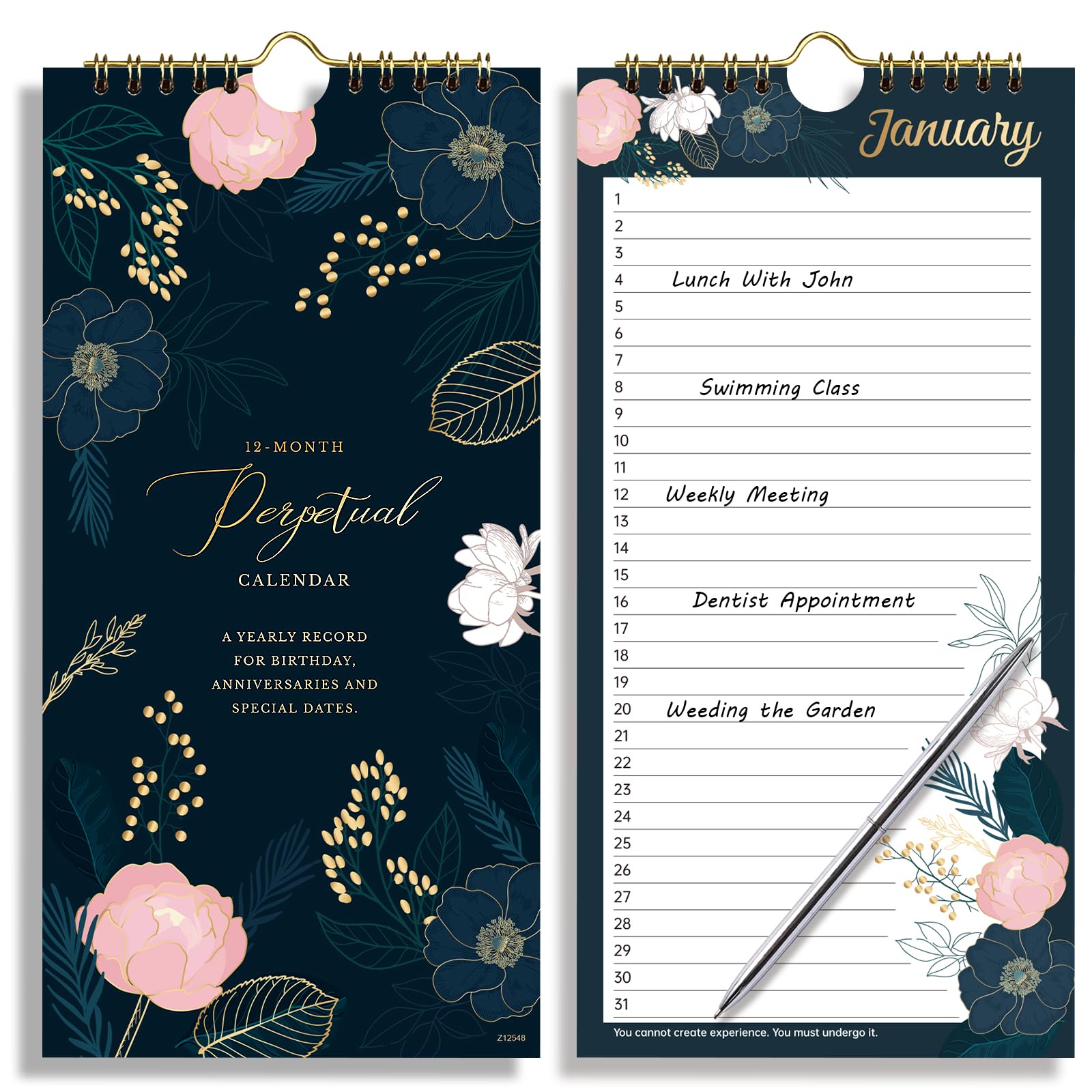 Perpetual Calendar – 12-Month Undated Calendar from Jan. to Dec., 5’’ x 10’’, Perpetual Calendar for Birthday, Anniversaries, Important Days, Holidays Reminder, Twin-wire Binding, Thick Paper