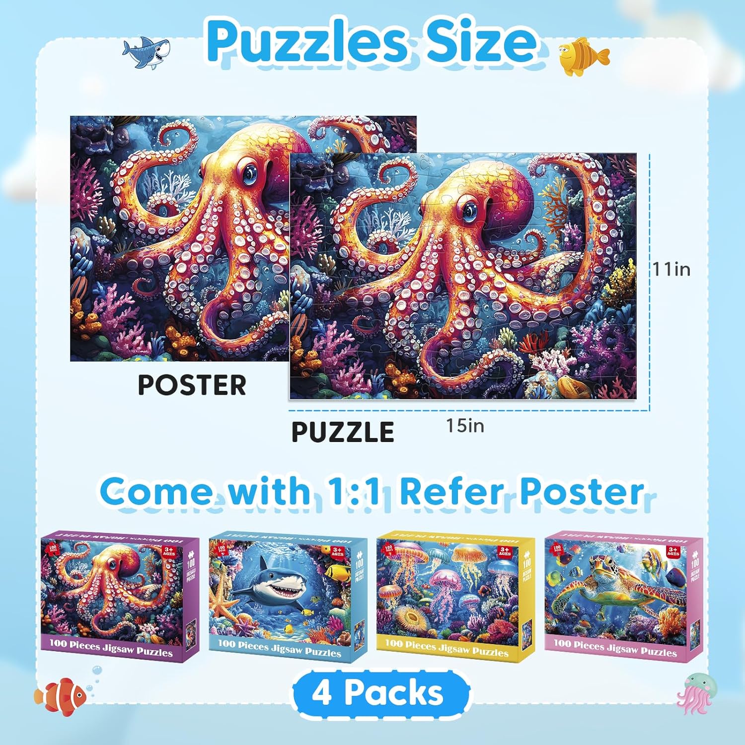 4 Pack 100 Piece Puzzles for Kids Ages 4-8, Large Piece Kids Puzzles Ages 4-6 6-8 8-10, Ocean Theme Jigsaw Puzzle Toys, Educational Family Puzzles Gifts for Boys and Girls