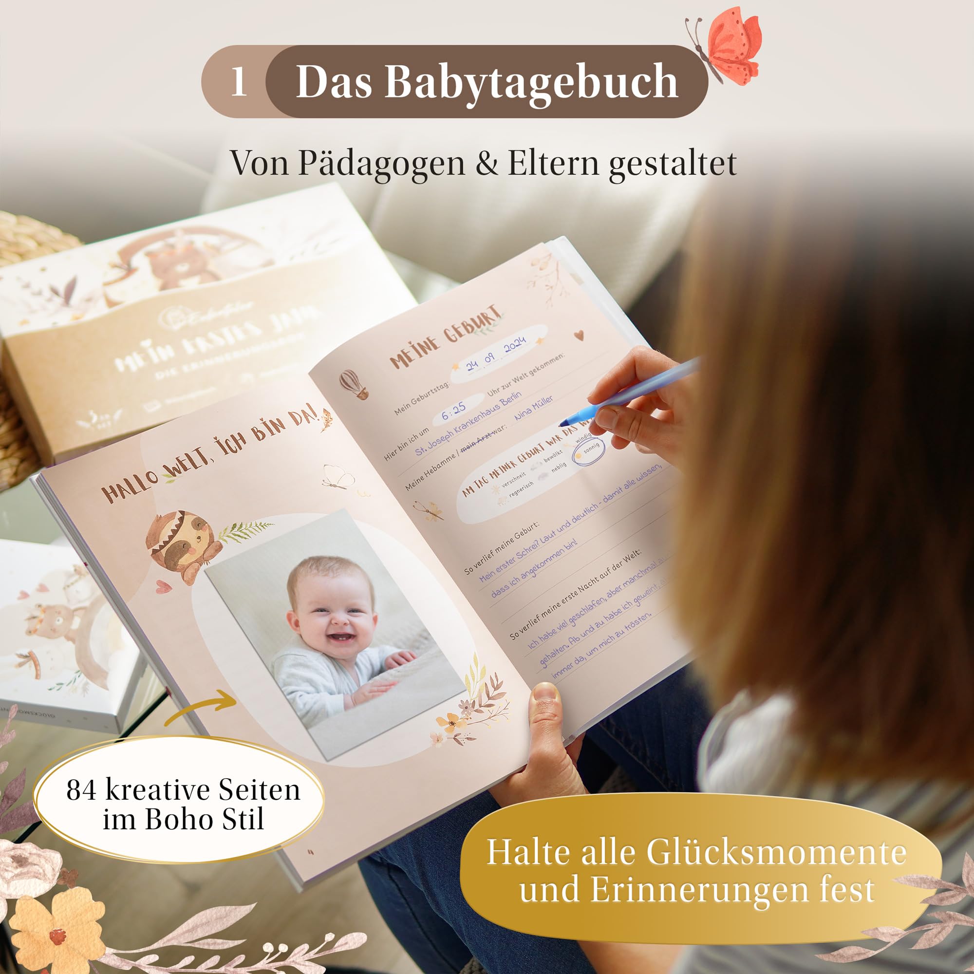 EULENTALER® 3in1 Babyalbum Set: Babytagebuch „Mein erstes Jahr“ + Meilensteinkarten + Abdruckset + Box - Geschenk zur Geburt für Junge & Mädchen