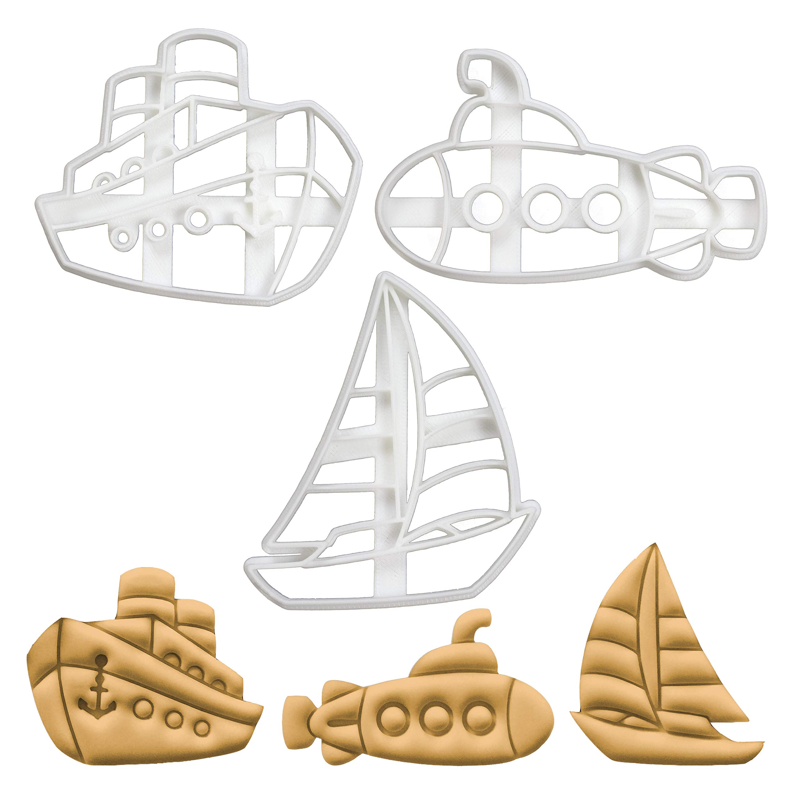 BAKERLOGY Set of 3 Marine Transport Cookie Cutters (Designs: Ferry, Submarine and Sailboat)