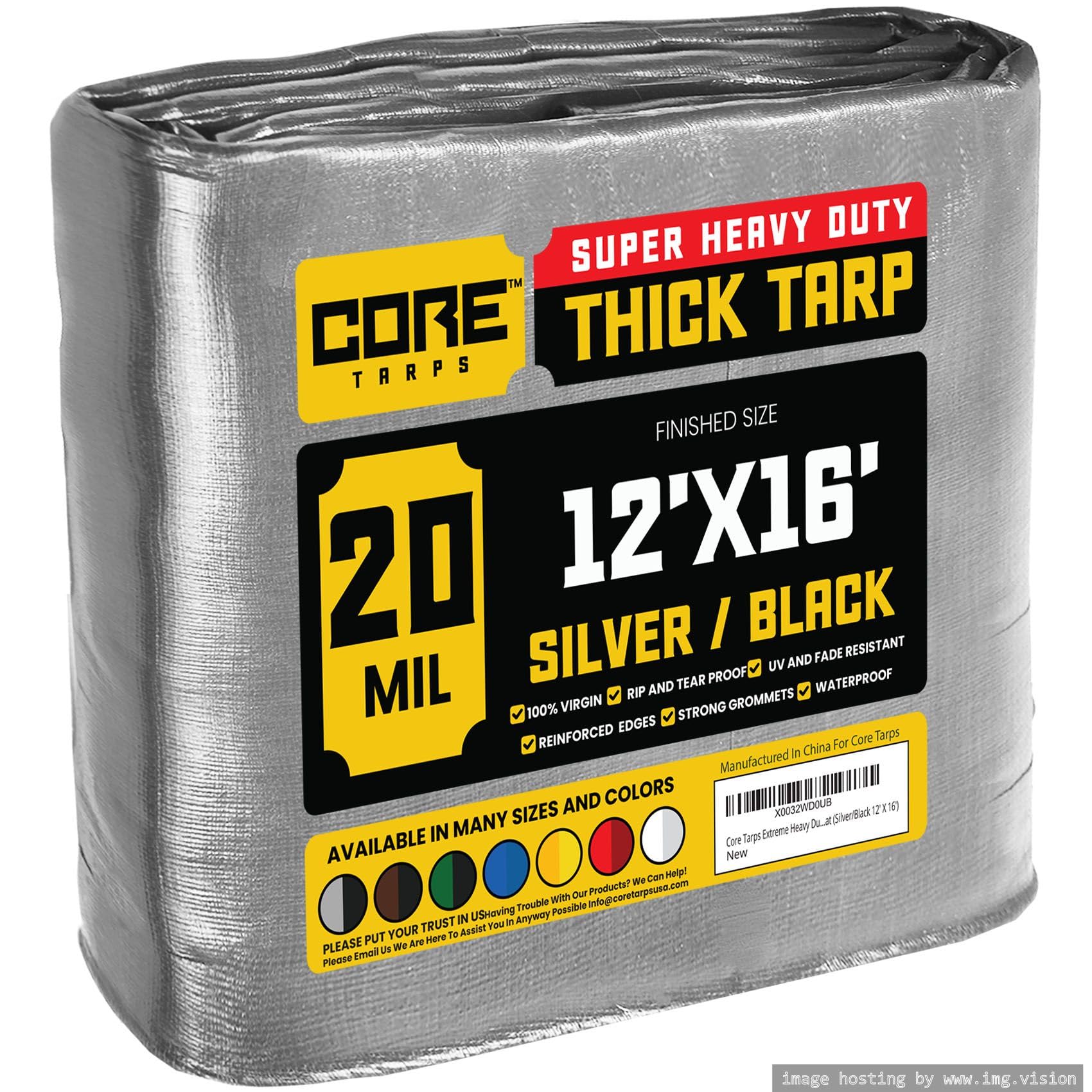 Core Tarps Extreme Heavy Duty 20 Mil Tarp Cover, Waterproof, UV Resistant, Rip and Tear Proof, Poly Tarpaulin with Reinforced Edges for Roof, Patio, Pool, Boat (Silver/Black 12′ X 16′)