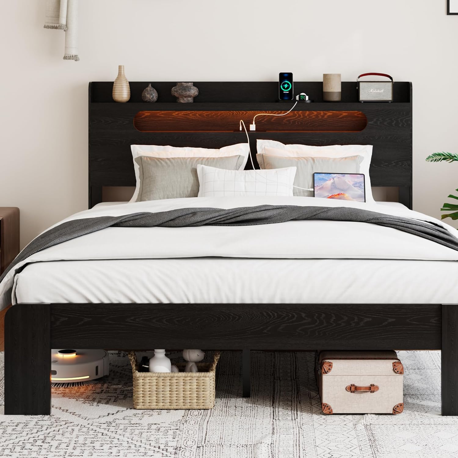 SAMTRA Queen Size Bed Frame with Storage Headboard and LED Lights in Rustic Black.