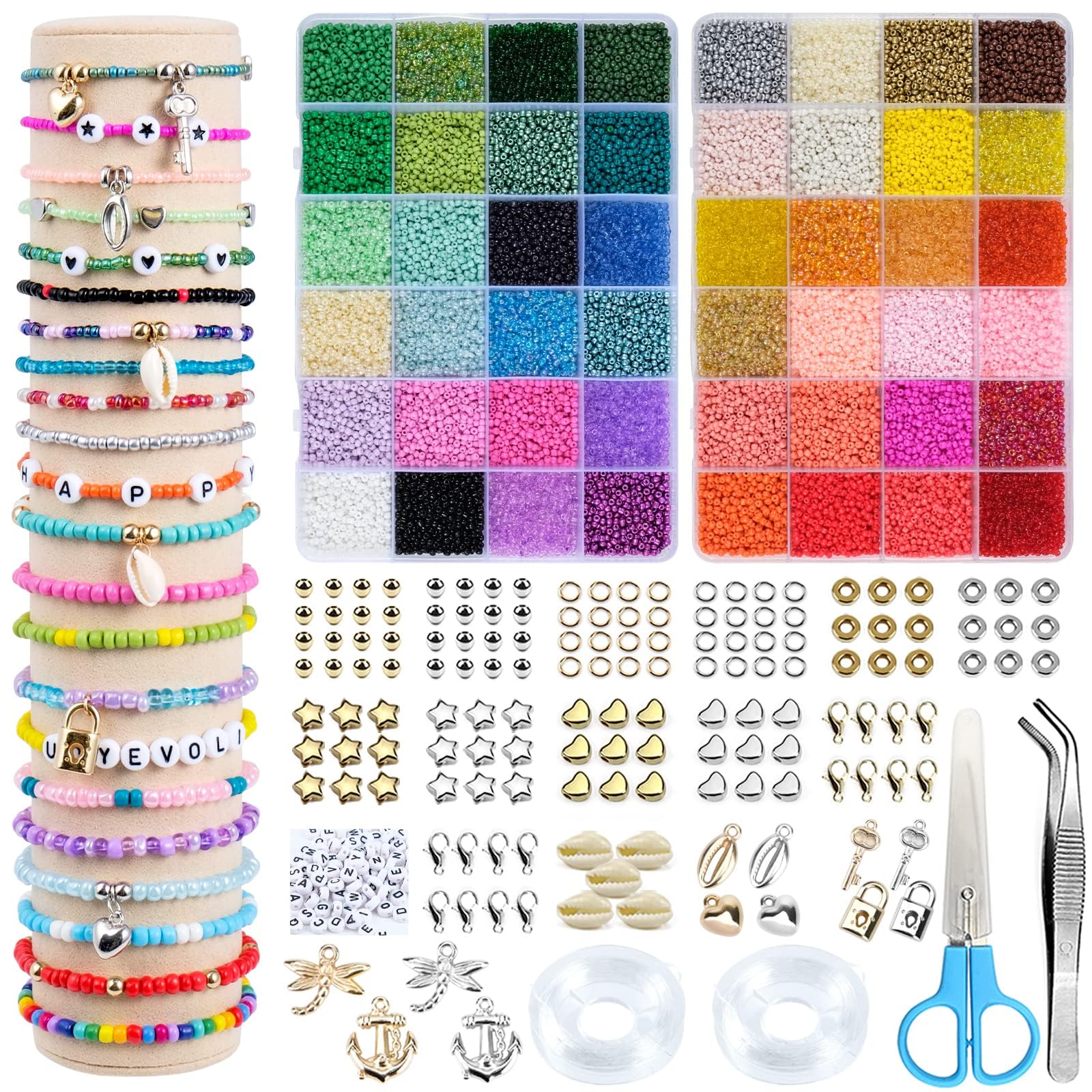 HOLDLEAF 2mm Abalorios para Hacer Pulseras，Cuentas para Pulseras con 300 Piezas Abalorios Letras，Kit Bolitas para Hacer Pulseras Cuentas para Cumpleaños, Festivales, Fiestas