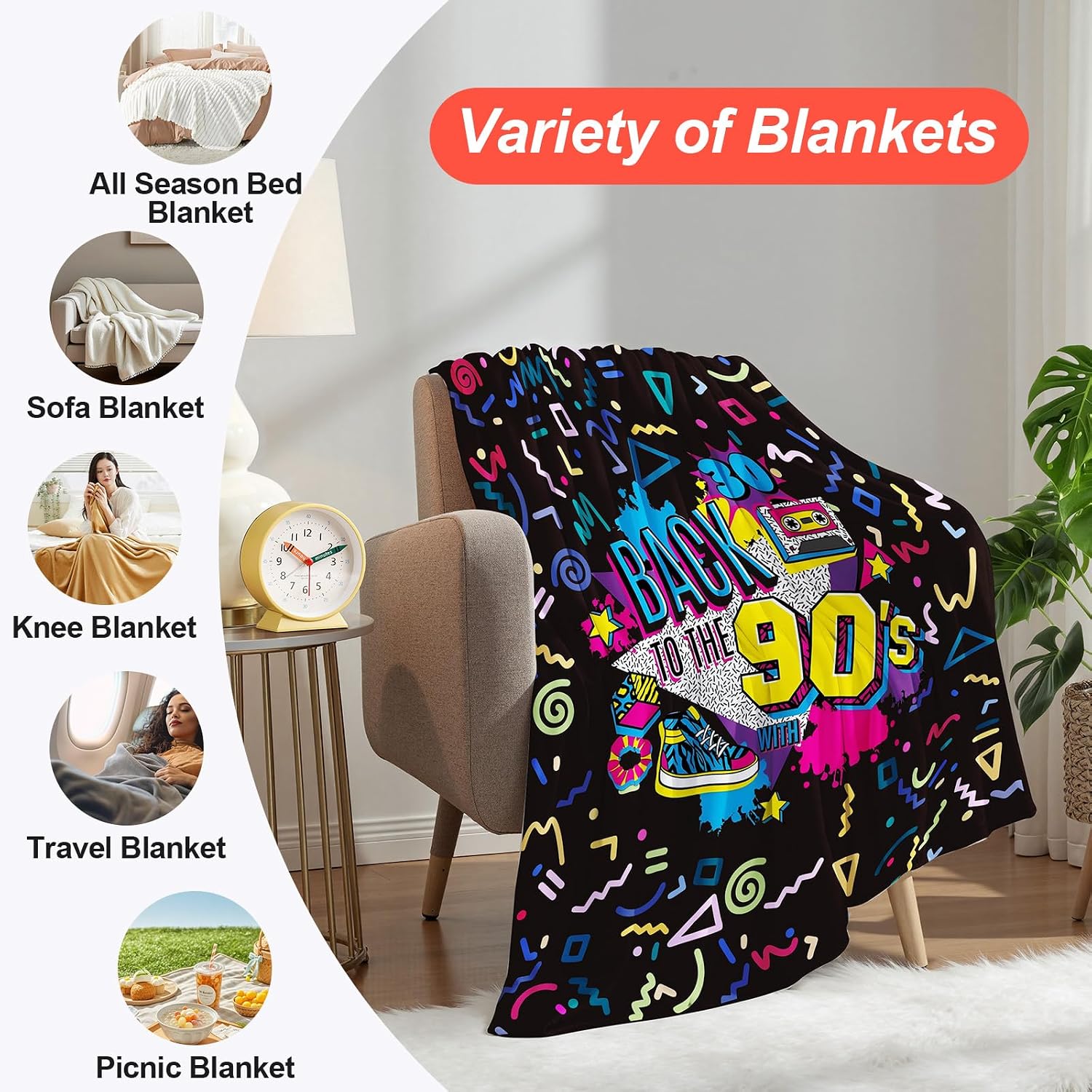 50" x 40" 80s 90s Outfits Blanket for Women, Retro Disco Party Hawaiian Style Music Throw, Hip Hop Urban Street Throw All Seasons Warm Soft Cozy for Women Girls Gift (90s Blanket 1)