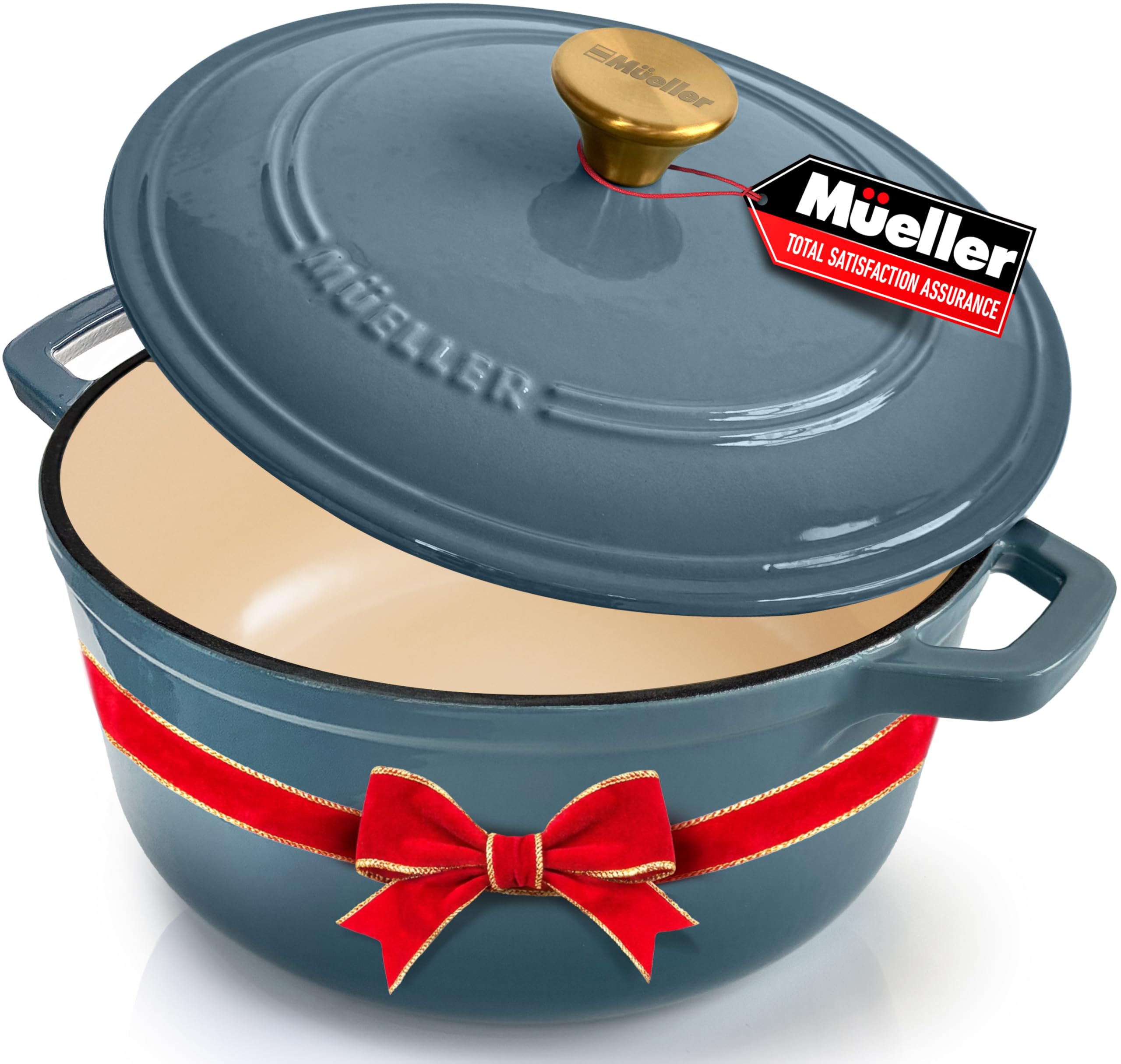 MUELLER HOME 6 Quart Enameled Cast Iron Pot Dutch Oven, Heavy-Duty, Oven-Safe up to 500Â° F & Across All Cooktops, Bread Pan with Lid & Knob, Cast Iron Cookware, Blue Kitchen Accessories, Mineral Blue