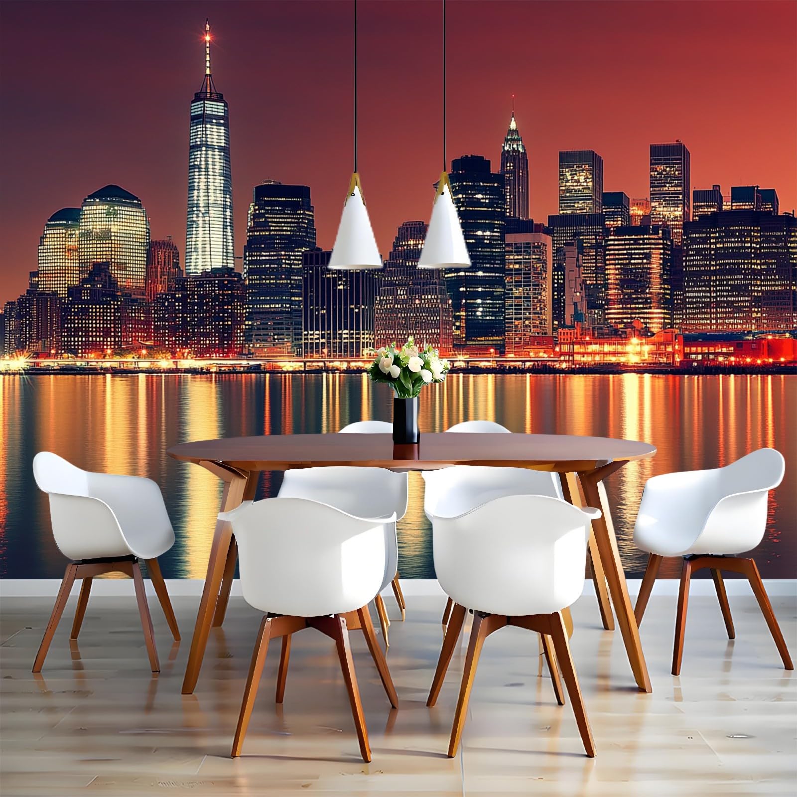 Carta da Parati 3D Moderna Paesaggio urbano di New York Fotomurale vista notturna 300 x 210 cm Decorazione da Muro Poster Gigante Design per Pareti