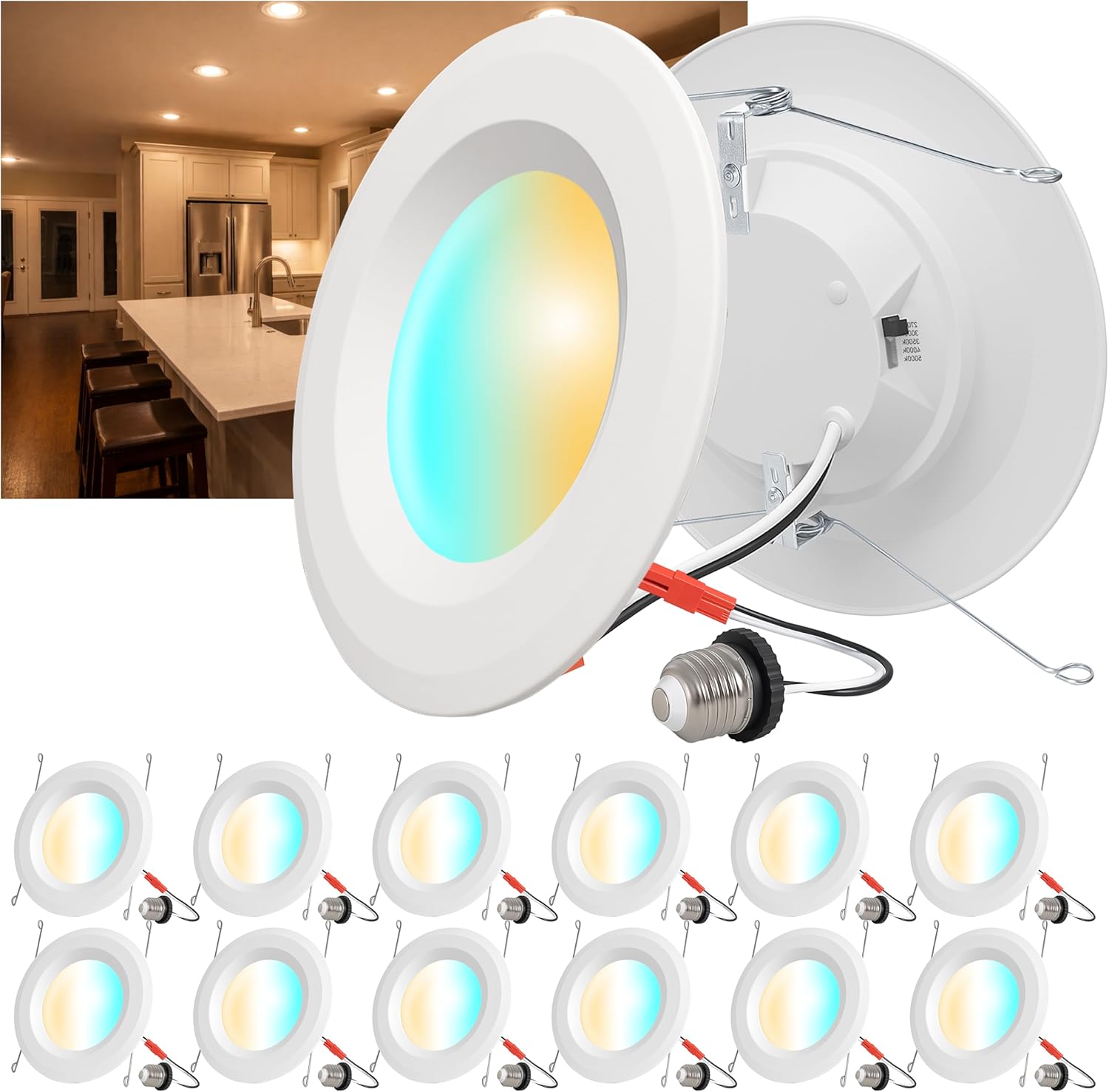 6 Inch LED Recessed Lights 12 Pack, Retrofit LED Can Lights, 5CCT Recessed Lighting, Selectable 2700K/3000K/3500K/4000K/5000K, 1050LM, 9.5W Eqv 110W, IC & Wet Rated, ETL & FCC, Smooth Trim
