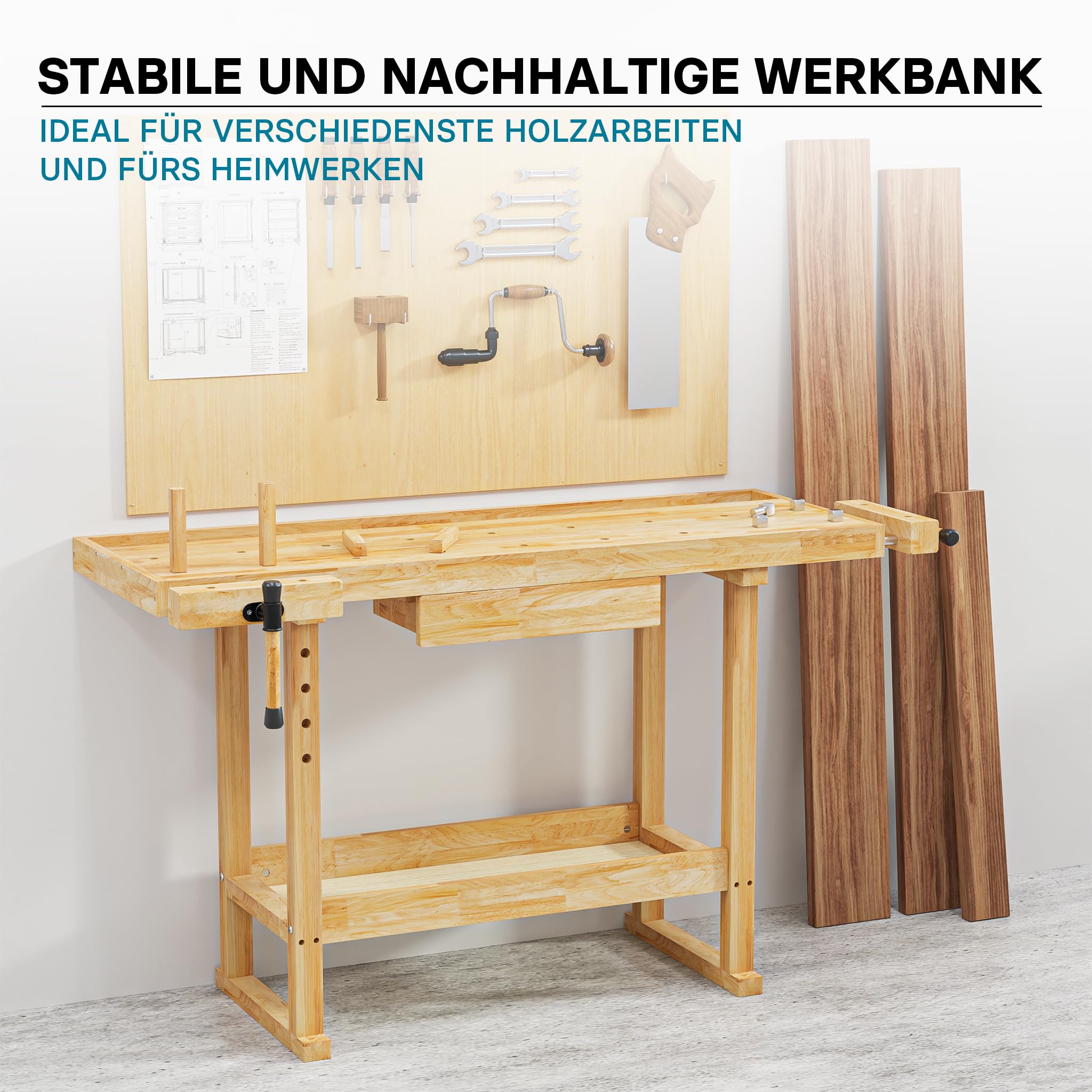 Wiltec Werkbank 151 x 61,5 x 86 cm aus Holz, Werktisch aus Rubberwood, Hobelbank bis 150 kg belastbar, Werkzeugbank mit Schublade und Spannzangen