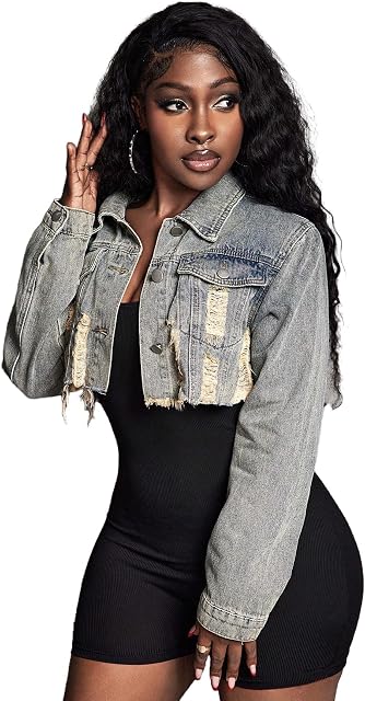 Floerns Cropped Jean Veste Casual Détresse Hémorragique Raw Ripped Denim Coat W/Pocket pour femme