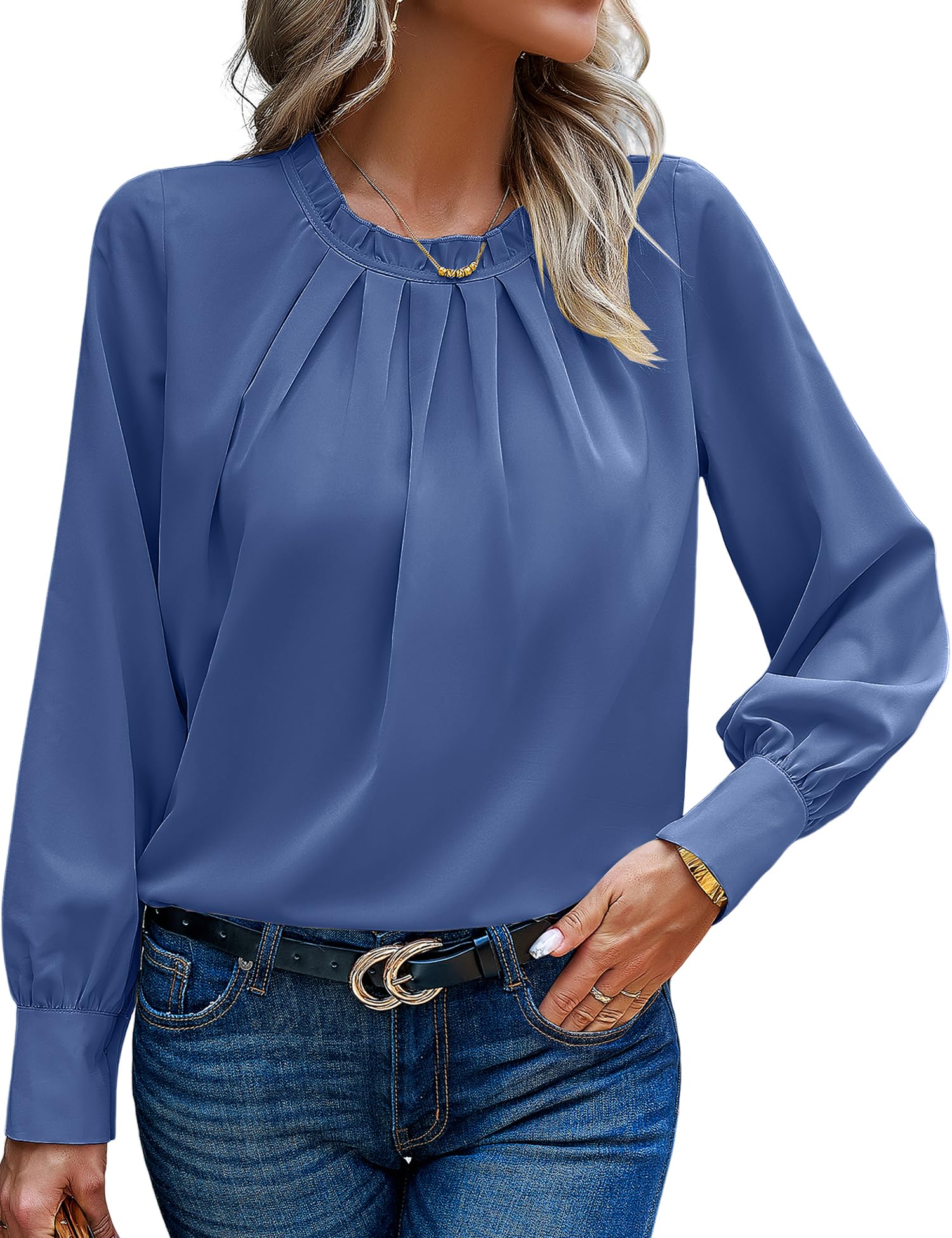HANERDUN Camisa Mujer Manga Larga Blusas de Mujer Elegantes Camiseta Plisada con Cuello Redondo Túnica Casual Color Sólido Oficina Top