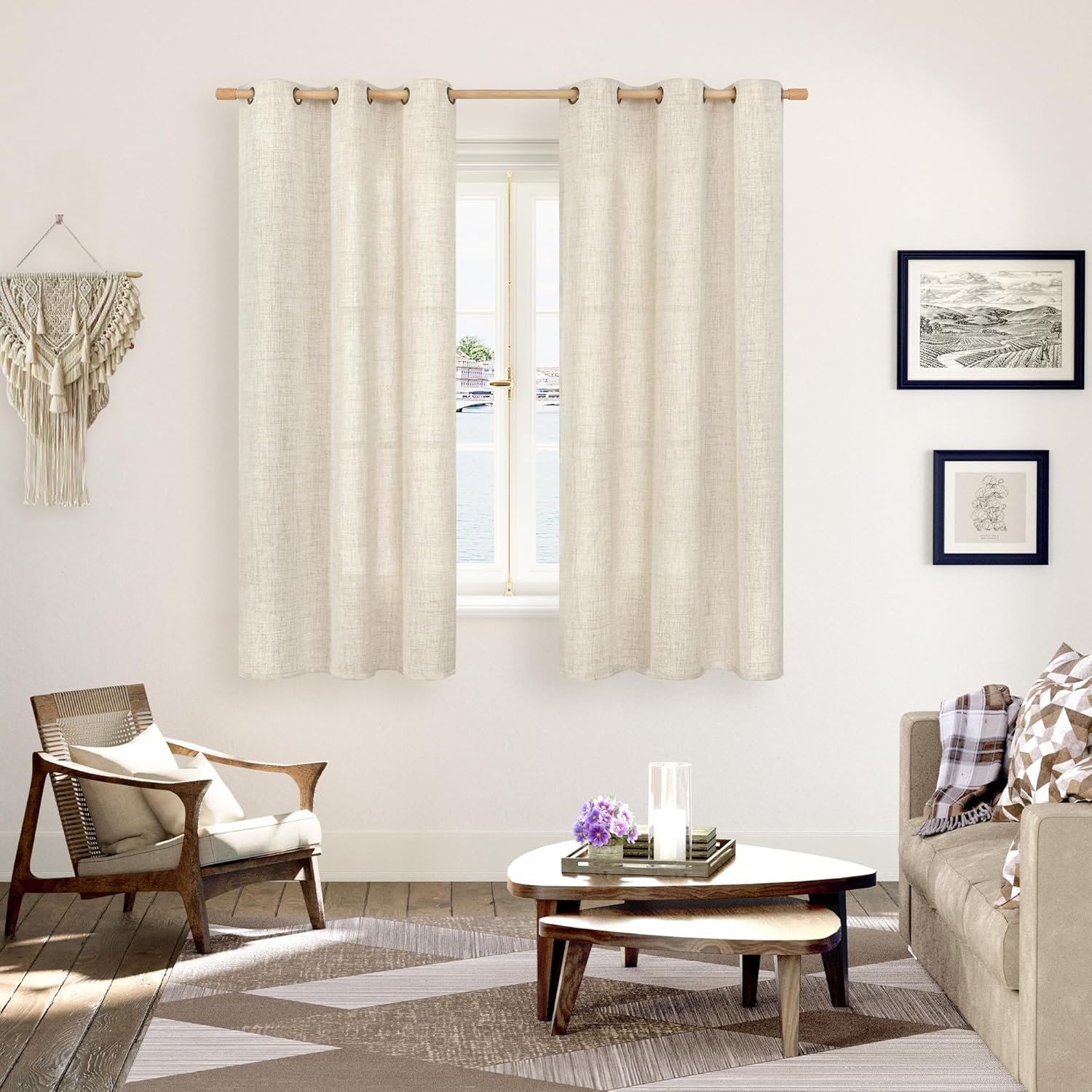 youngstex linen curtains 63 inch length for living room - cream semi sheer window drapes light filtering with bronze grommet textured rustic for bedroom dining farmhouse, 2 panels, 42 x 63 inch 42"w x 63"l (pack of 2) linen